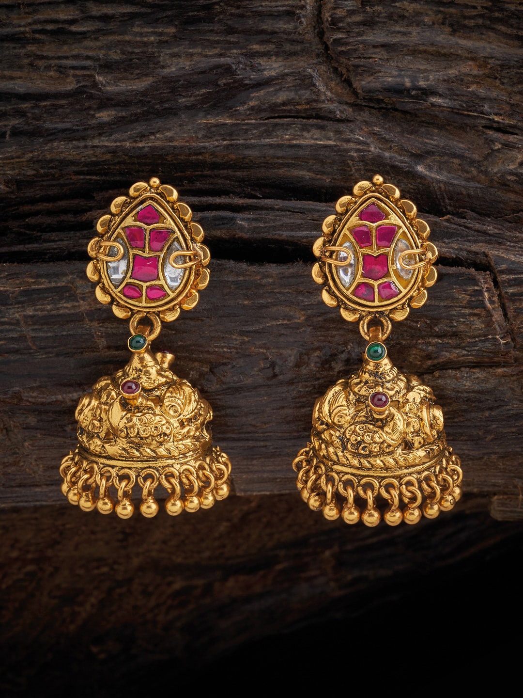 

Kushal's Fashion Jewellery Women Gold Plated Red Dome Shaped Jhumkas Earrings