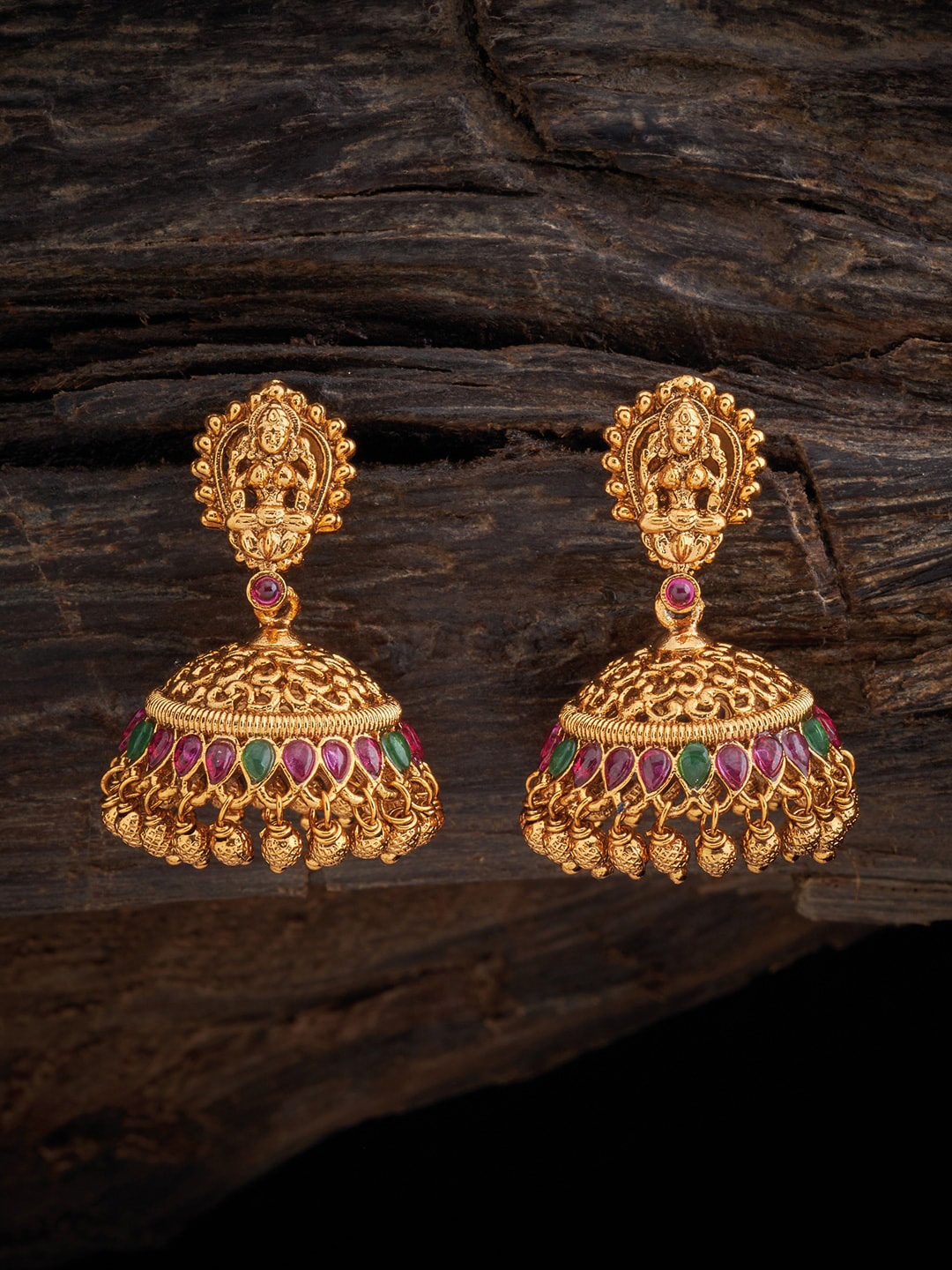 

Kushal's Fashion Jewellery Women Gold Plated Red Dome Shaped Jhumkas Earrings