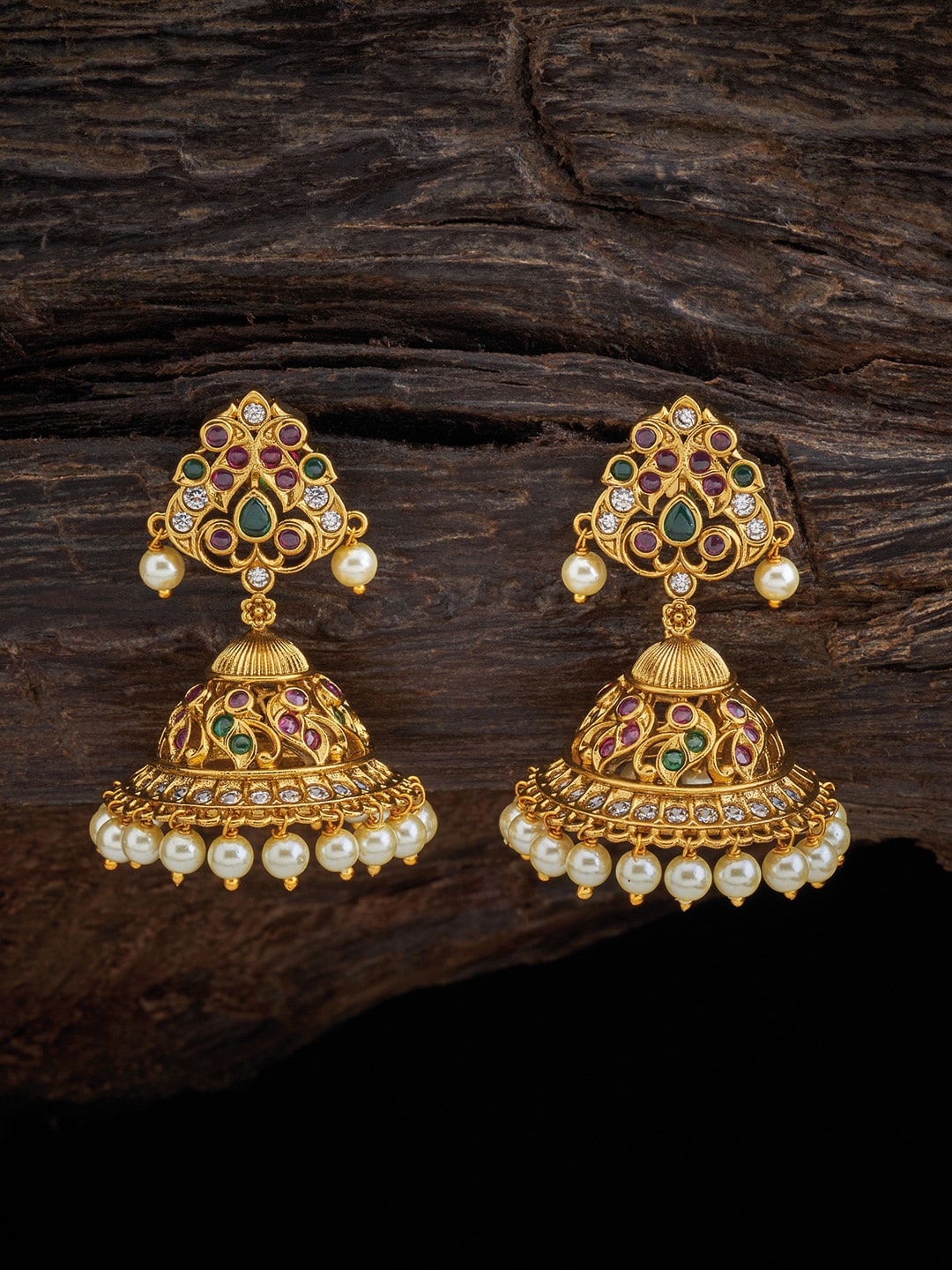 

Kushal's Fashion Jewellery Women Gold Plated Red & Green Dome Shaped Jhumkas Earrings