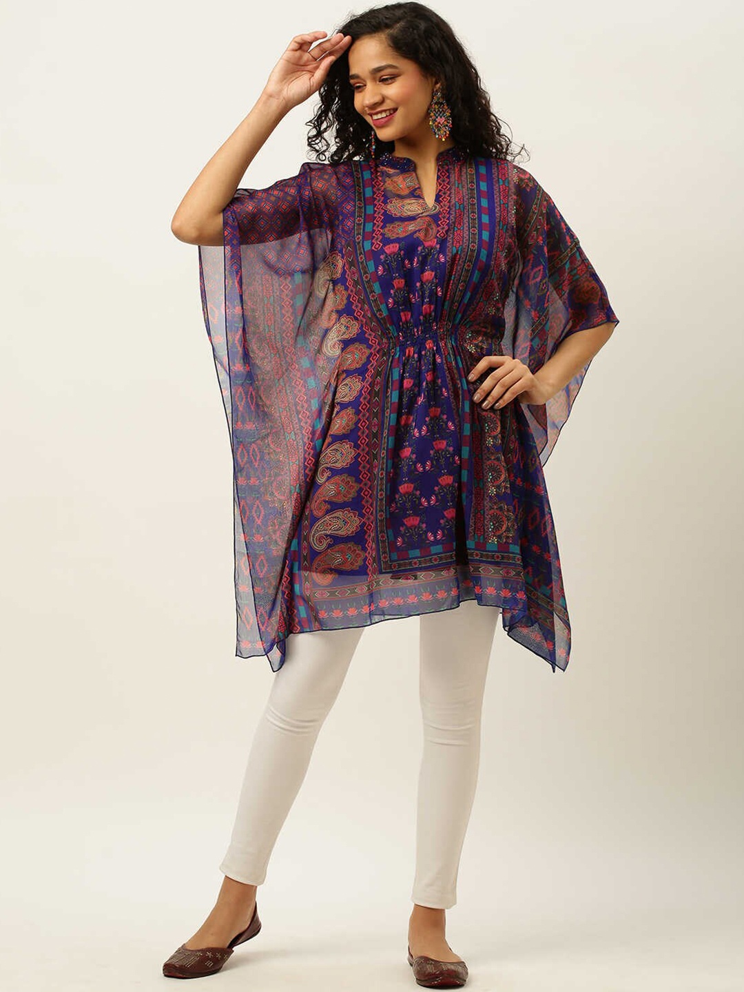 

ZOLA Blue & Coral Ethnic Print Mandarin Collar Chiffon Kaftan Longline Top