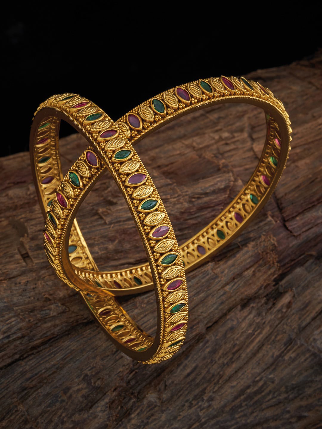 

Kushal's Fashion Jewellery Set Of 2 Gold-Toned Red & Green Stone-Studded Bangles
