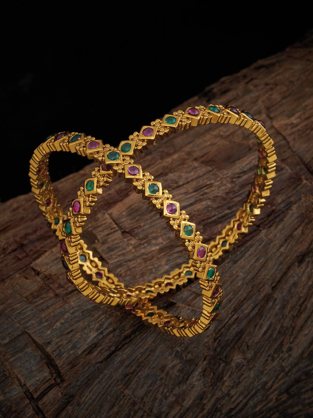 

Kushal's Fashion Jewellery Set Of 2 Gold-Toned Green Pink Stone Studded Bangles