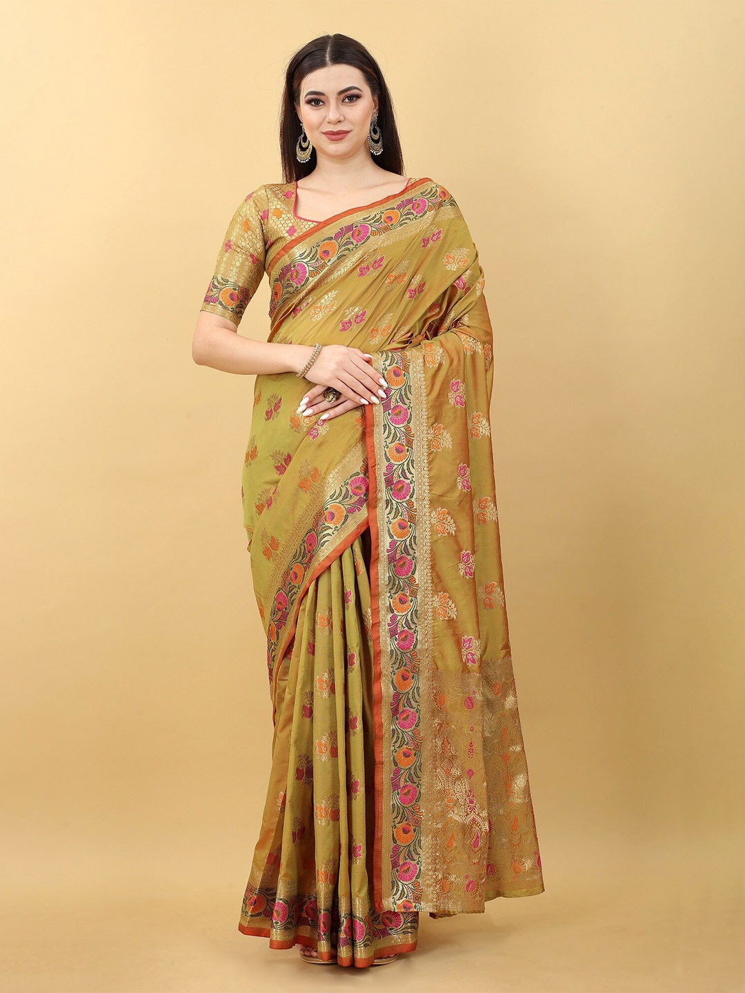 

JSItaliya Mustard & Pink Woven Design Zari Silk Blend Banarasi Saree