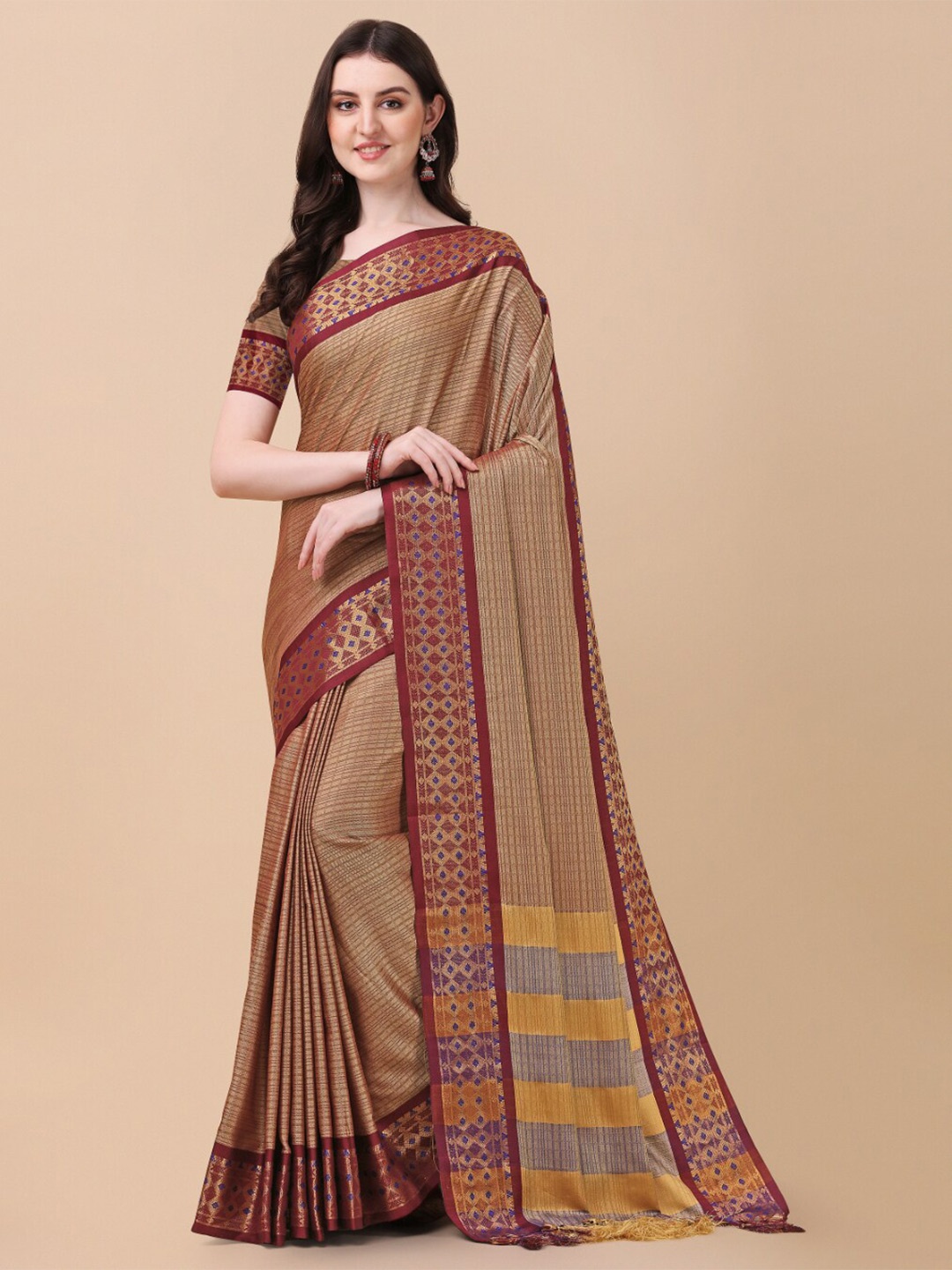 

KALINI Beige & Brown Woven Design Zari Pure Silk Ikat Saree