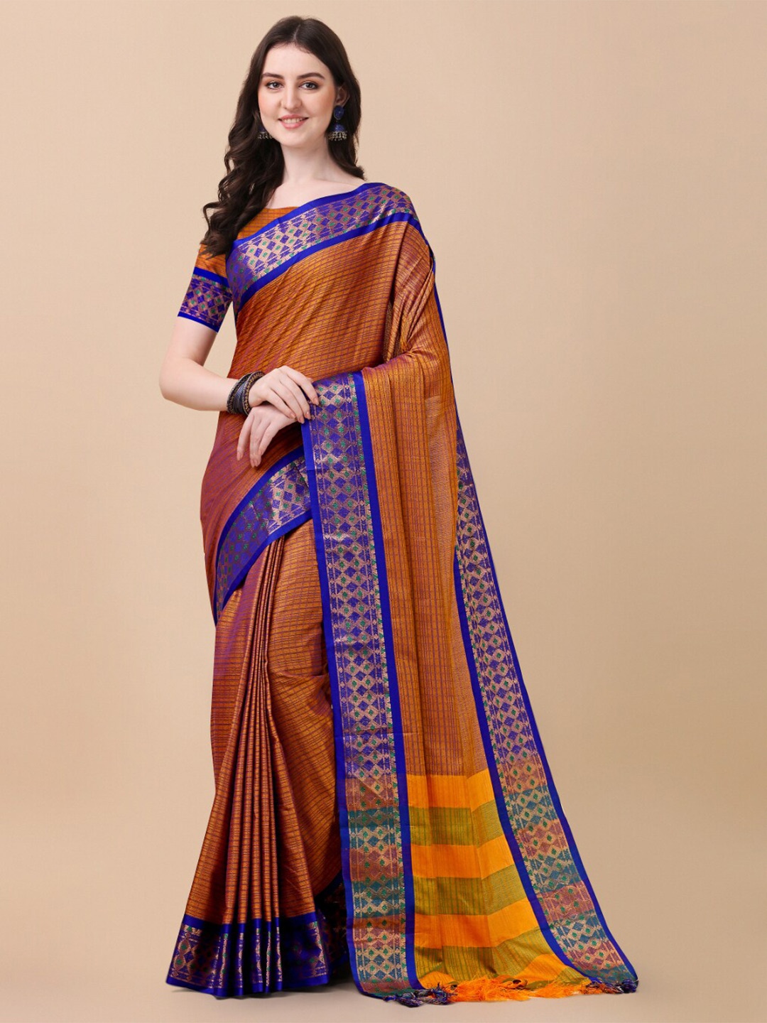 

KALINI Gold-Toned & Blue Woven Design Zari Pure Silk Ikat Saree