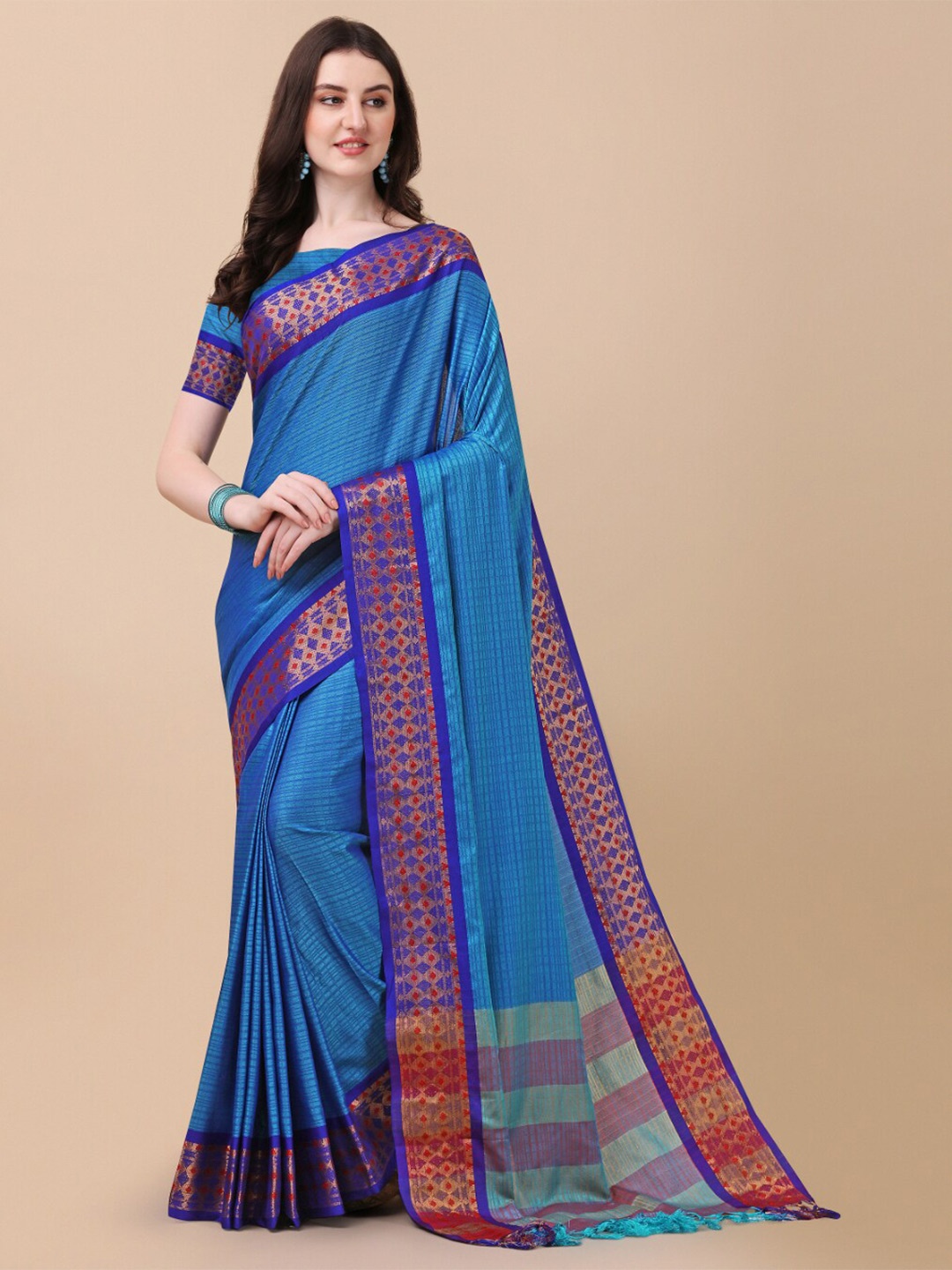 

KALINI Turquoise Blue & Navy Blue Woven Design Zari Pure Silk Ikat Saree