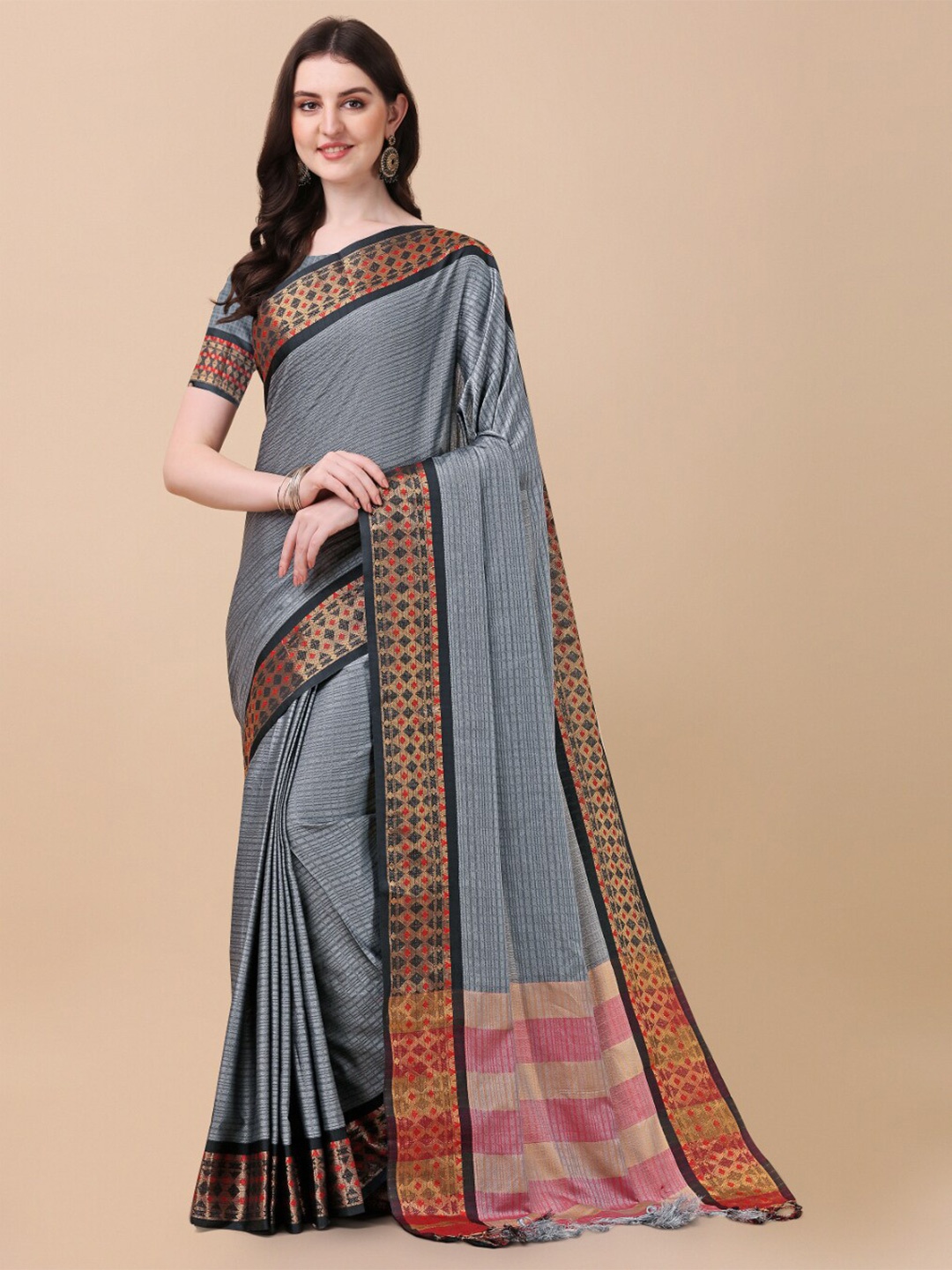 

KALINI Grey & Gold-Toned Woven Design Zari Pure Silk Ikat Saree