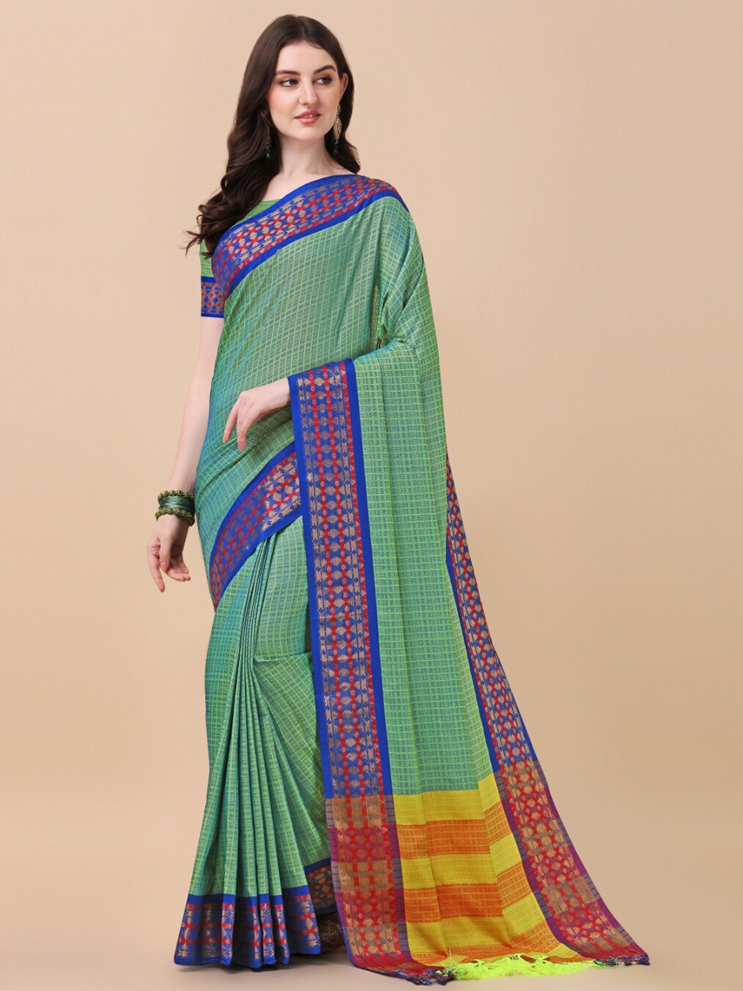 

KALINI Green & Blue Woven Design Zari Pure Silk Ikat Saree