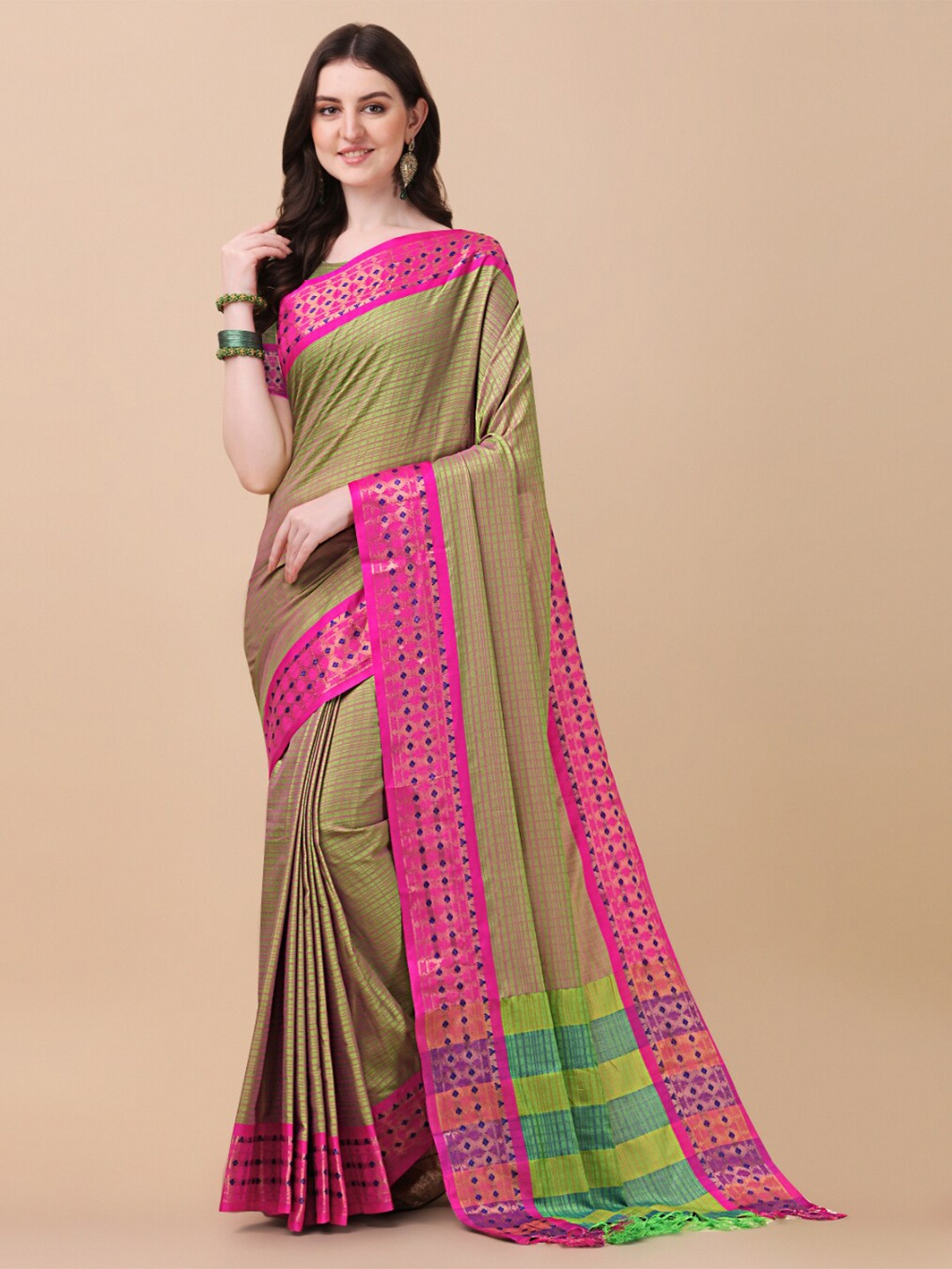 

KALINI Green & Pink Woven Design Zari Pure Silk Ikat Saree