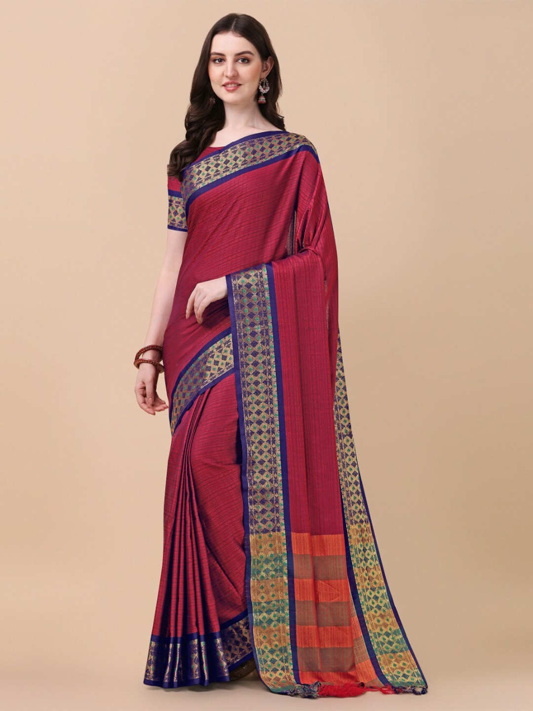 

KALINI Red & Blue Woven Design Zari Pure Silk Ikat Saree