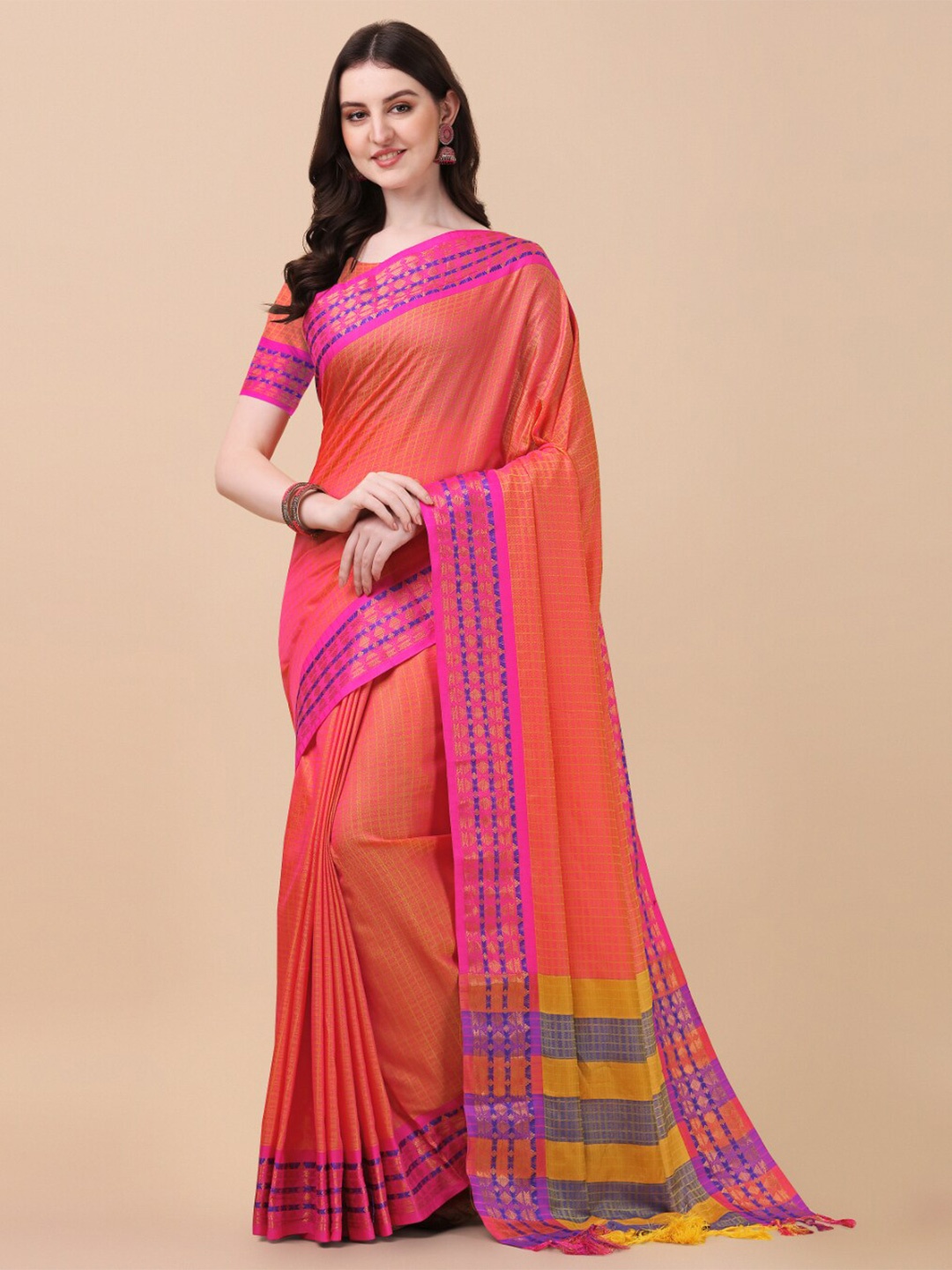 

KALINI Gold-Toned & Pink Woven Design Zari Pure Silk Ikat Saree