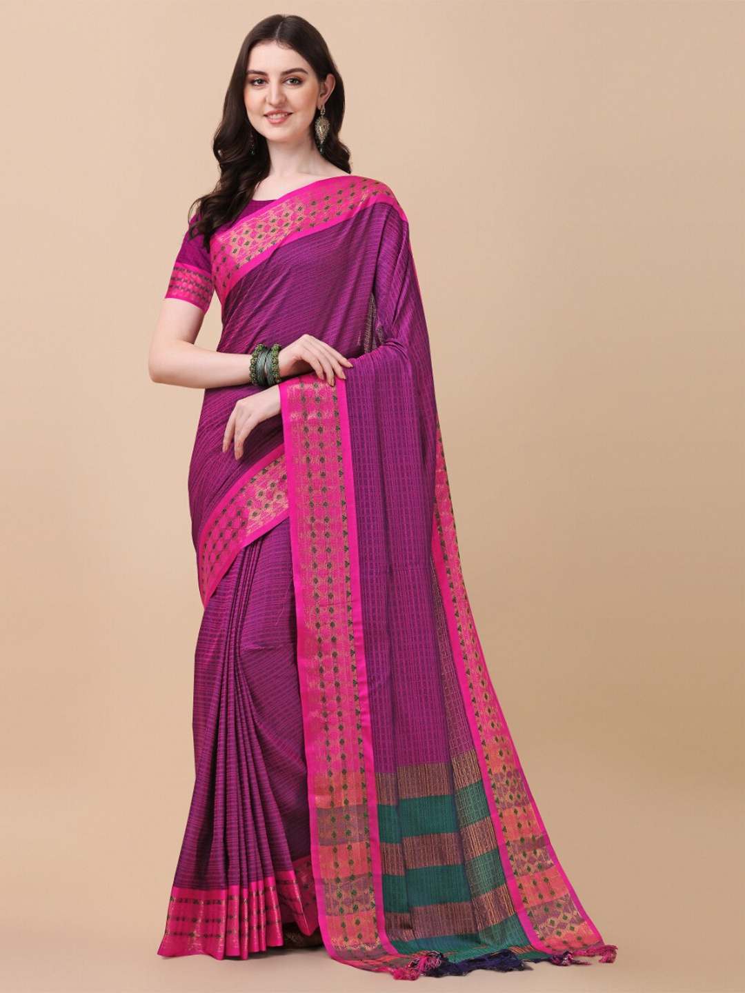 

KALINI Purple & Pink Woven Design Zari Pure Silk Ikat Saree