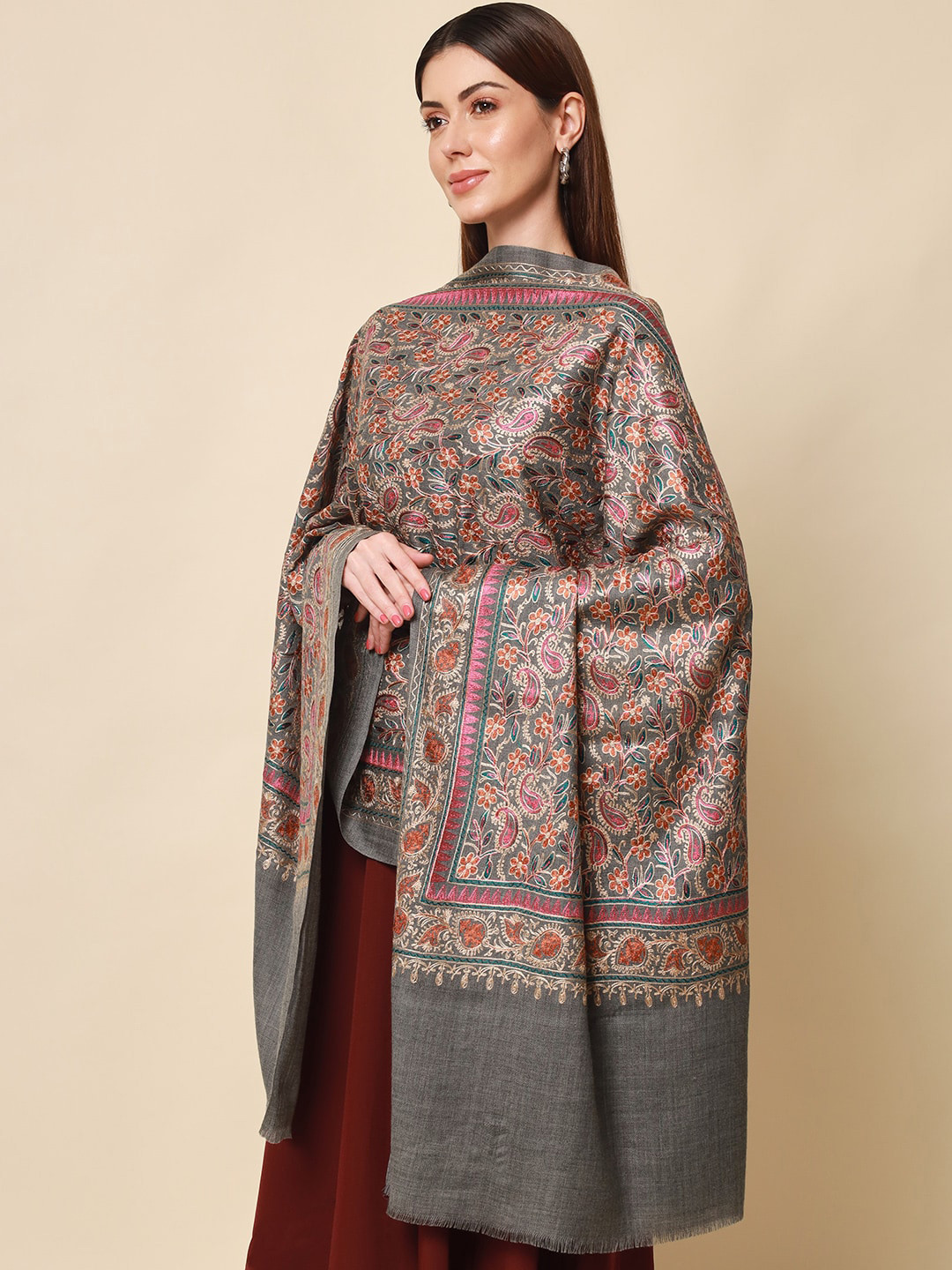 

Pashmoda Women Grey Nalki Embroidered Wool Shawl