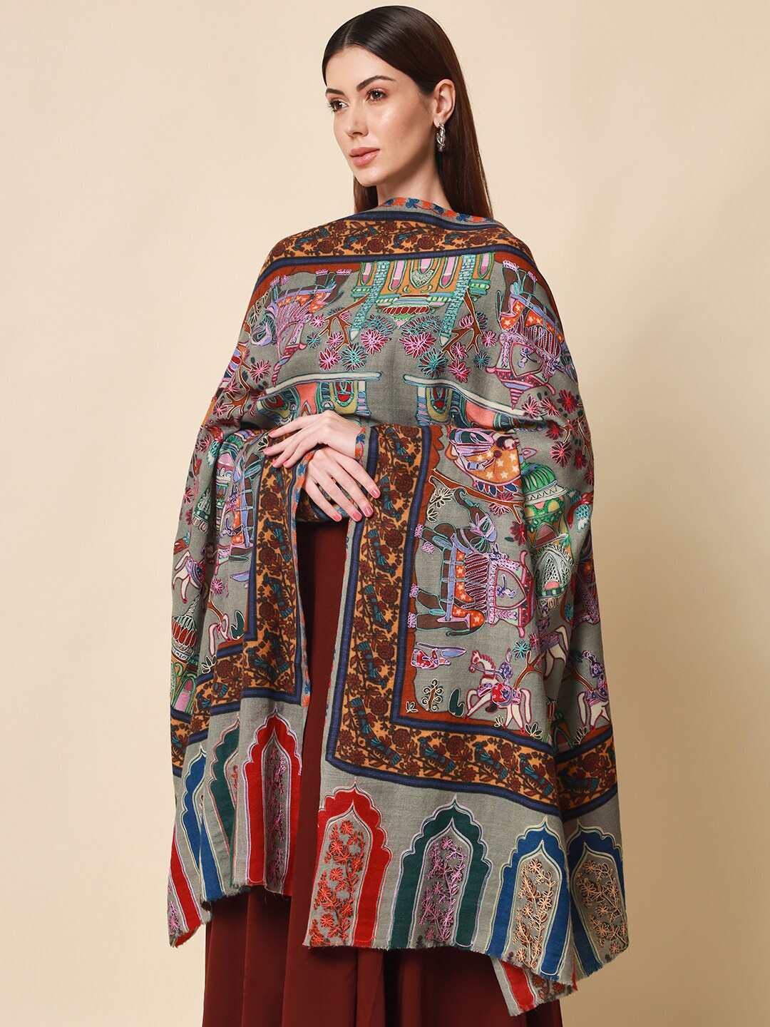 

Pashmoda Women Grey Embroidered Wool Shawl