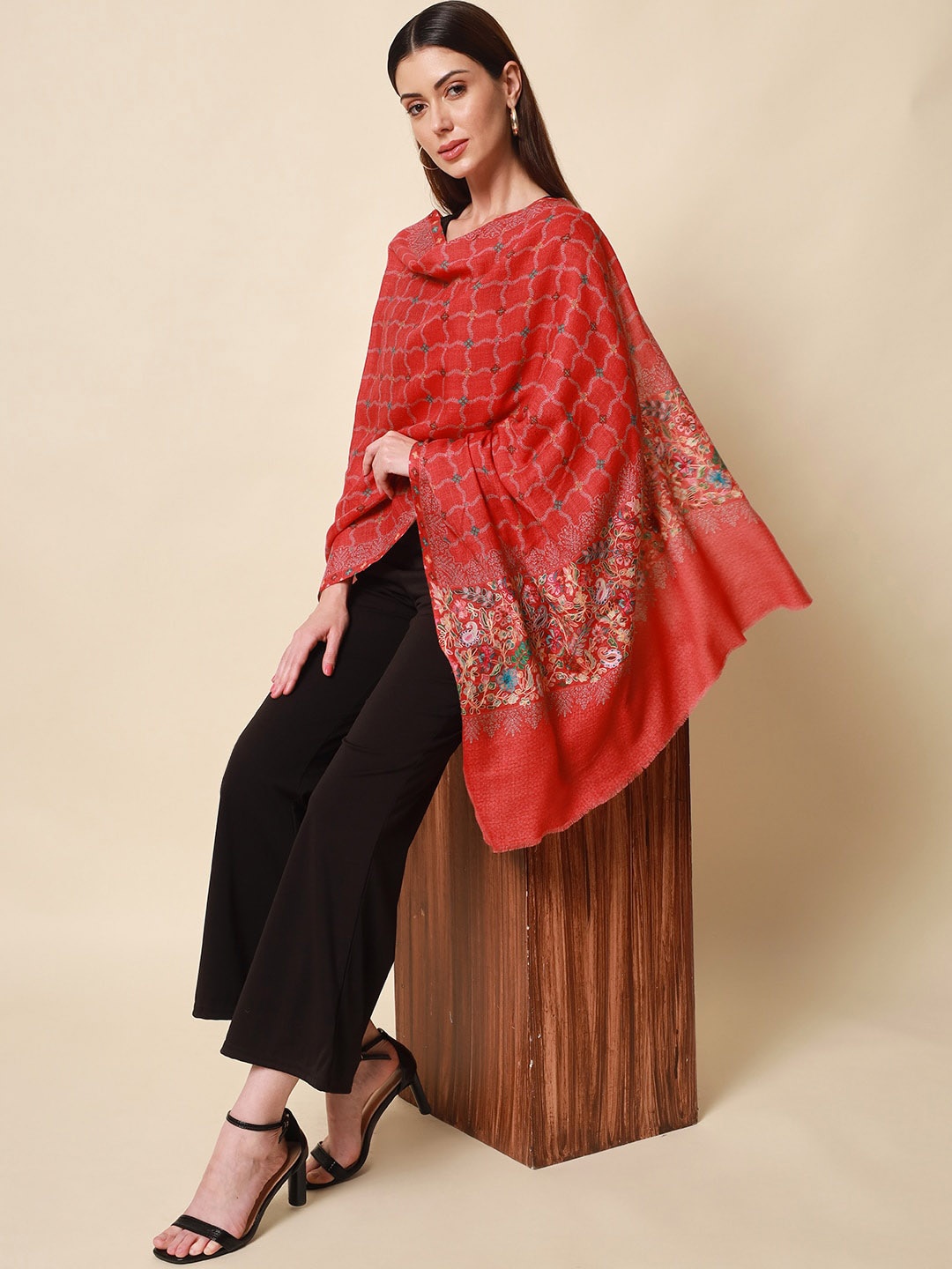

Pashmoda Women Maroon Embroidered Wool Shawl
