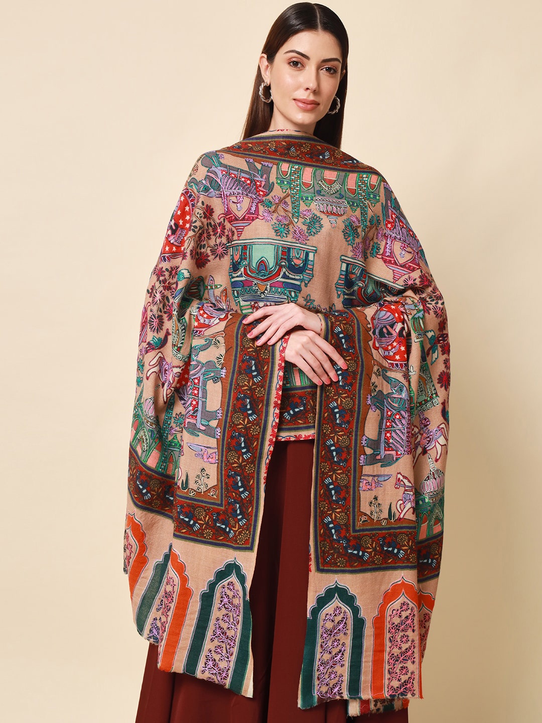 

Pashmoda Women Beige Embroidered Pure Wool Shawl