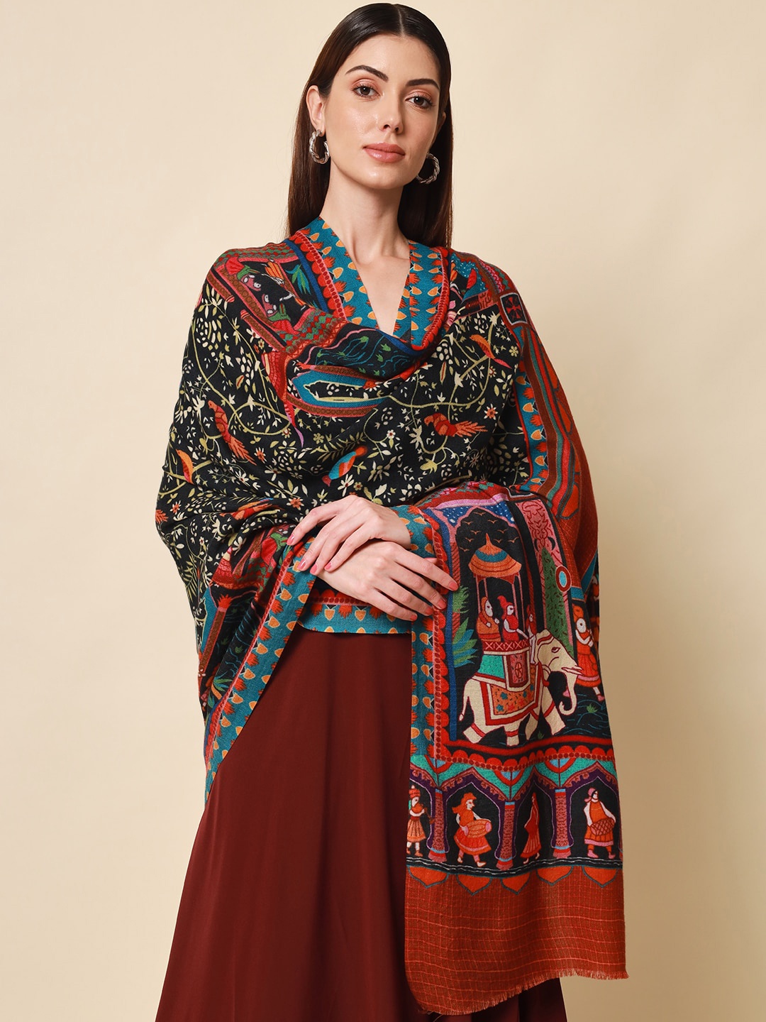 

Pashmoda Women Brown Printed Pure Wool Shawl