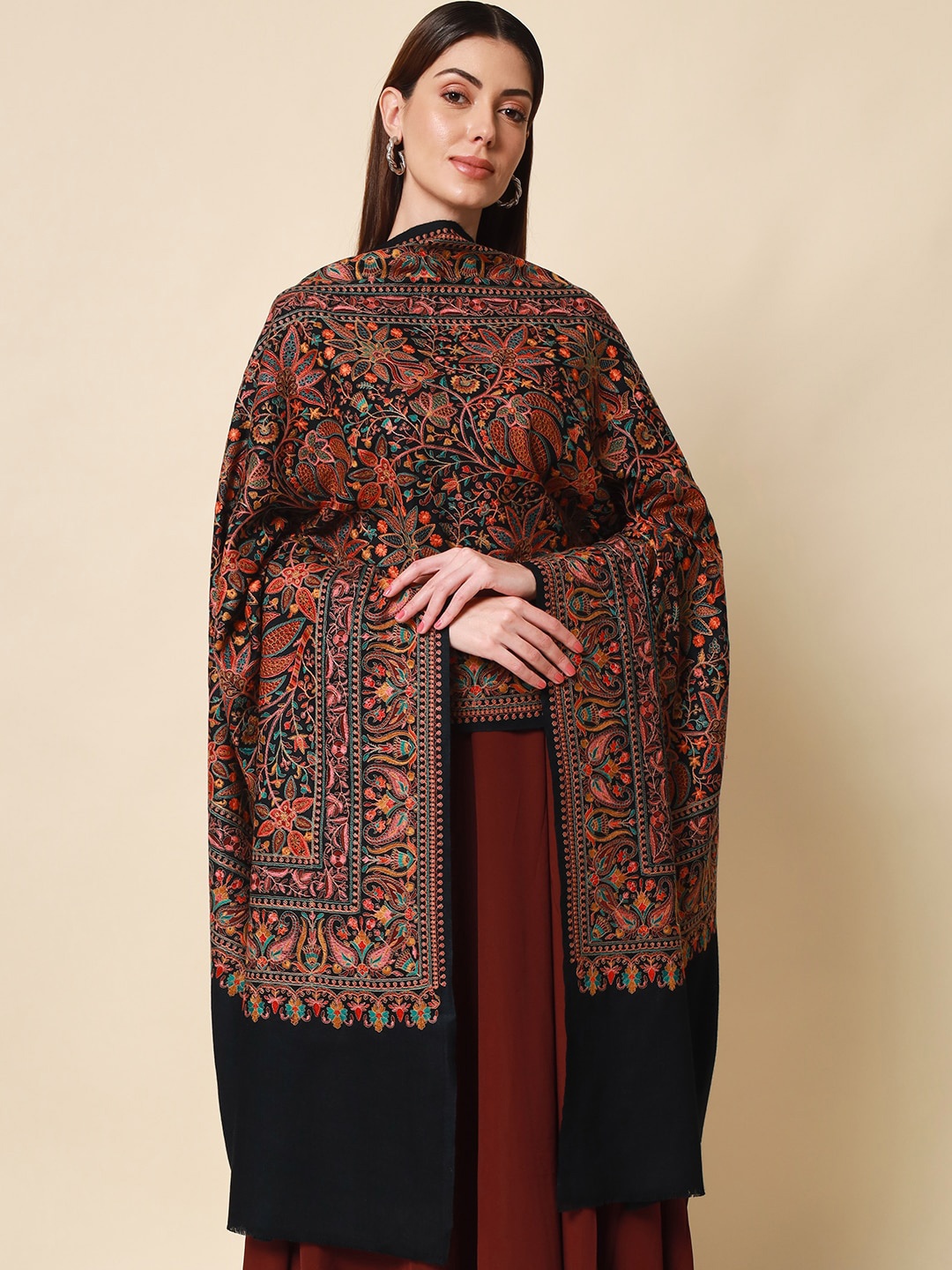 

Pashmoda Women Black Embroidered Pure Wool Shawl