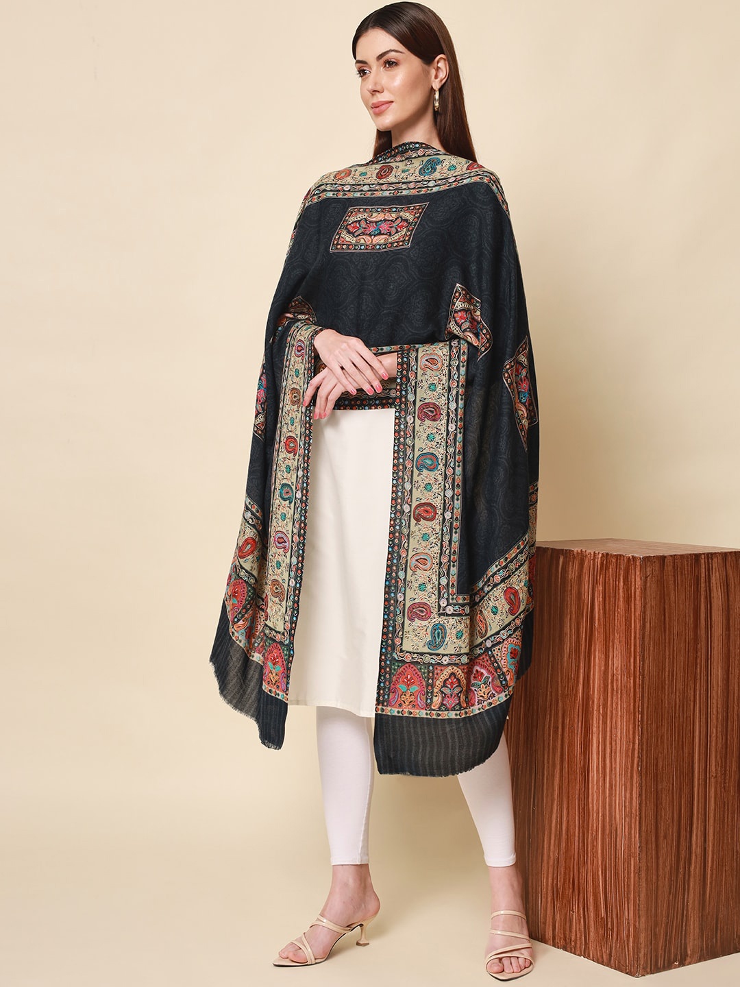 

Pashmoda Women Black Embroidered Pure Wool Shawl