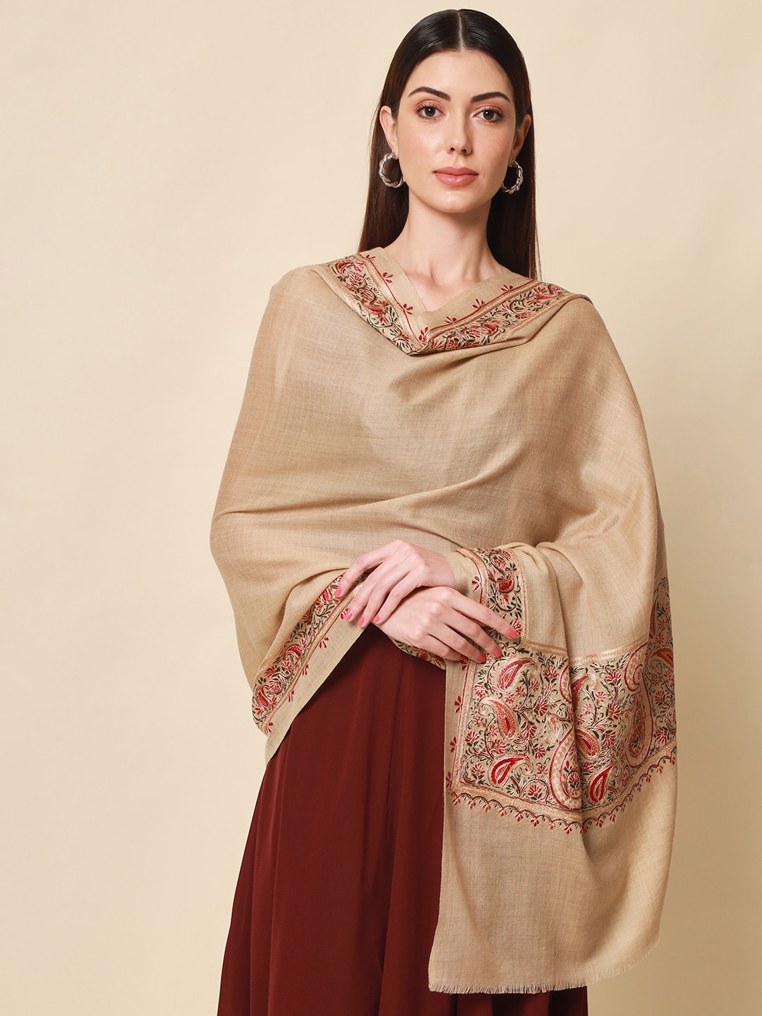 

Pashmoda Women Beige Embroidered Pure Wool Shawl