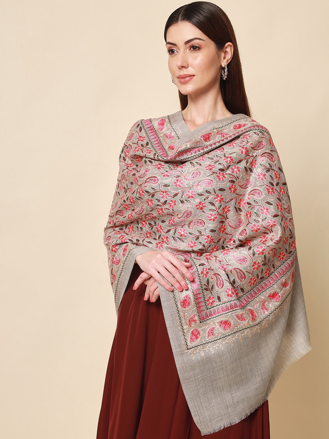 

Pashmoda Women Grey Embroidered Pure Wool Shawl