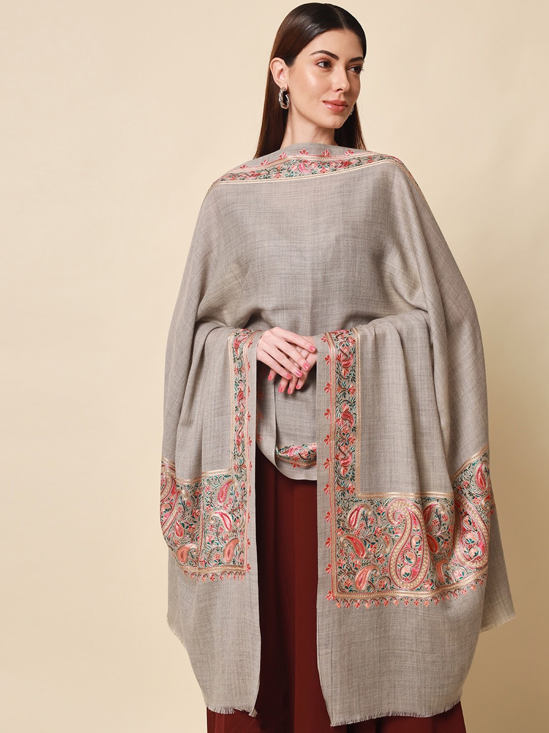 

Pashmoda Women Grey Embroidered Pure Wool Shawl