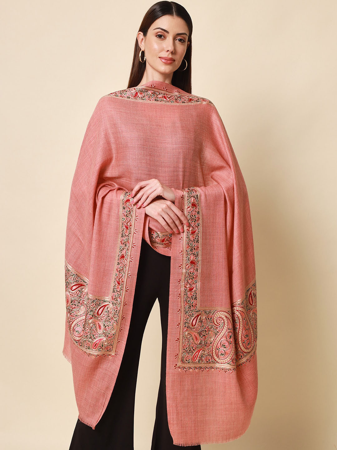 

Pashmoda Women Pink Embroidered Pure Wool Shawl