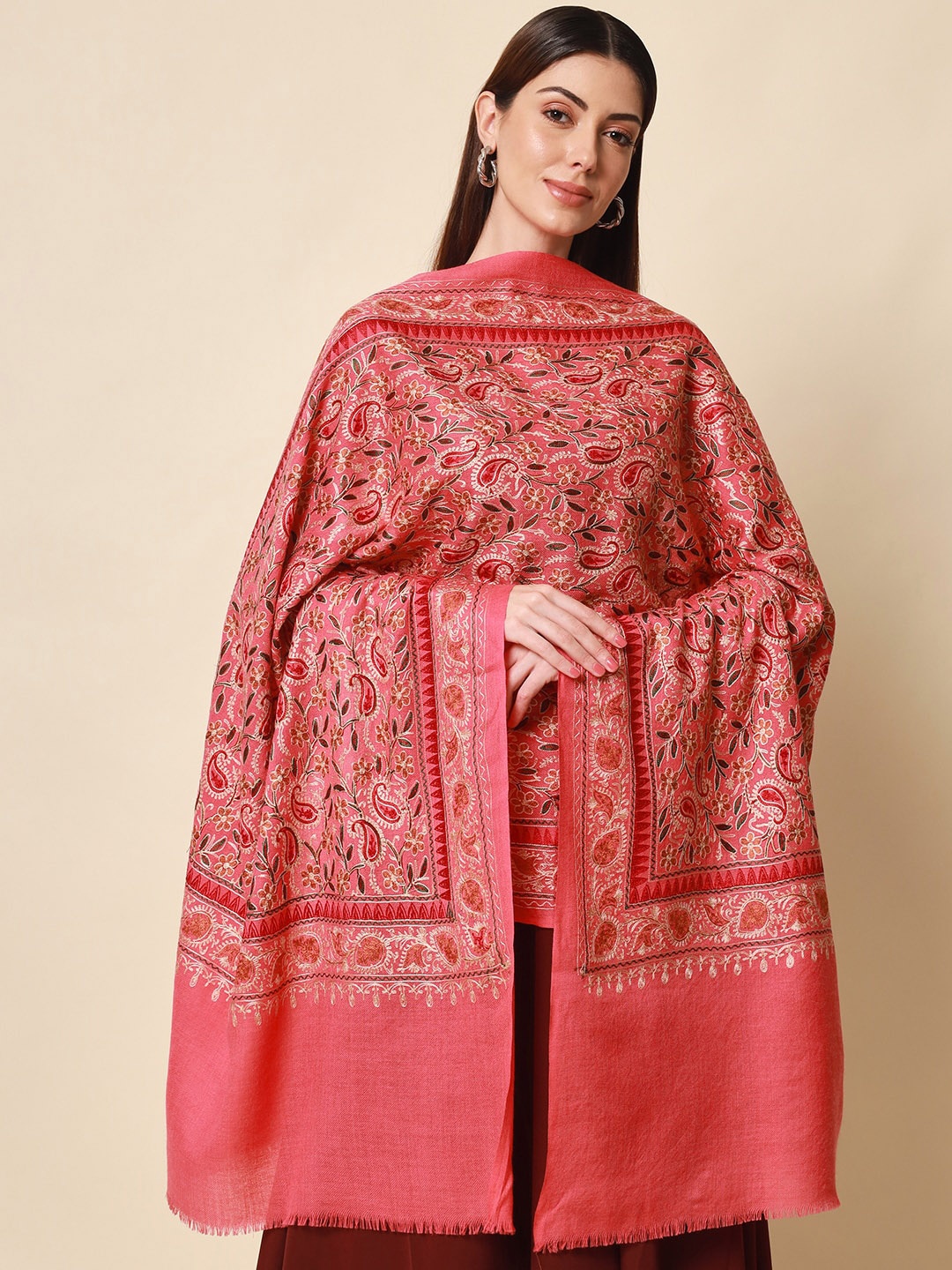 

Pashmoda Women Pink Embroidered Pure Wool Shawl