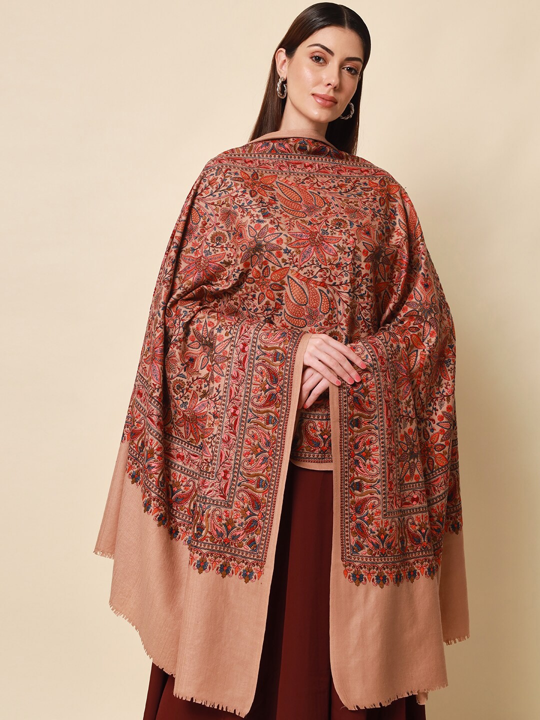 

Pashmoda Women Beige Embroidered Wool Shawl