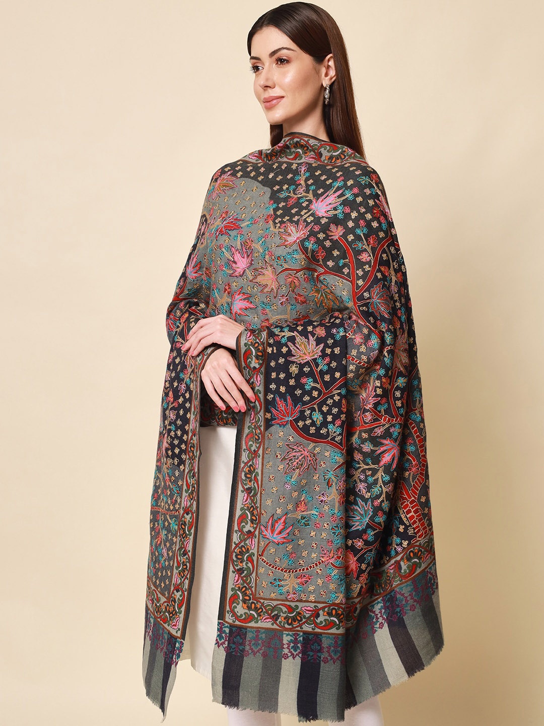 

Pashmoda Women Grey Embroidered Pure Wool Shawl