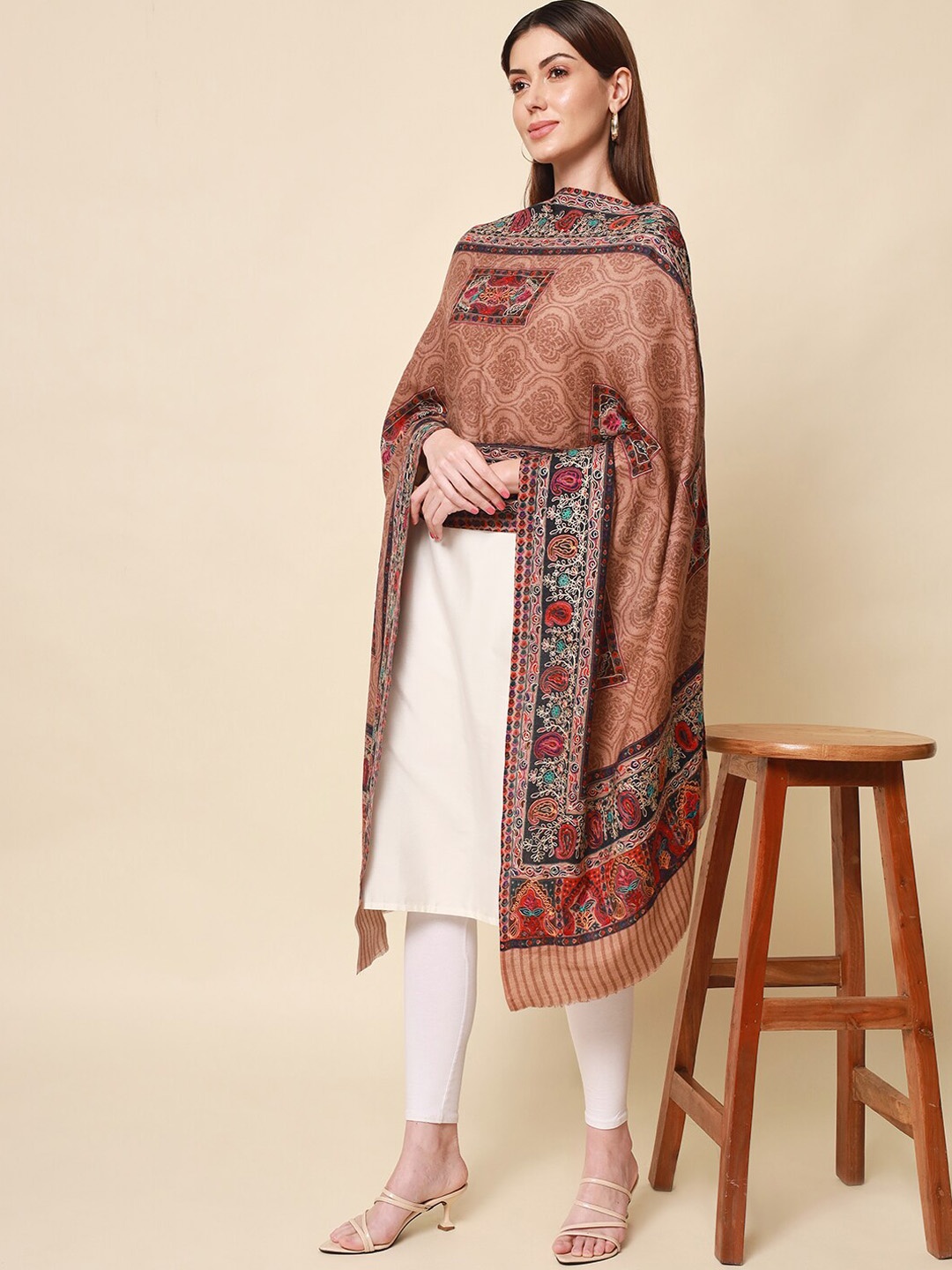 

Pashmoda Women Brown Embroidered Pure Wool Shawl