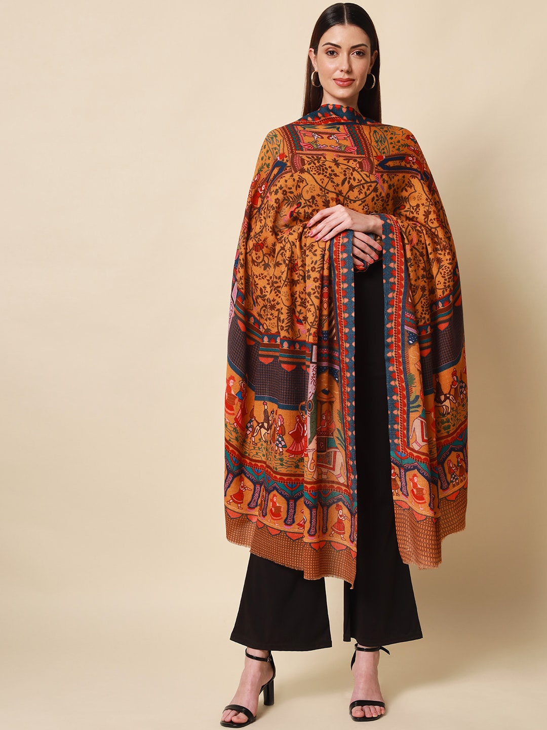 

Pashmoda Women Yellow Printed Pure Wool Shawl