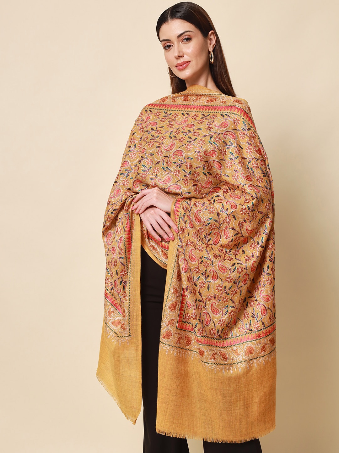 

Pashmoda Women Yellow Embroidered Pure Wool Shawl