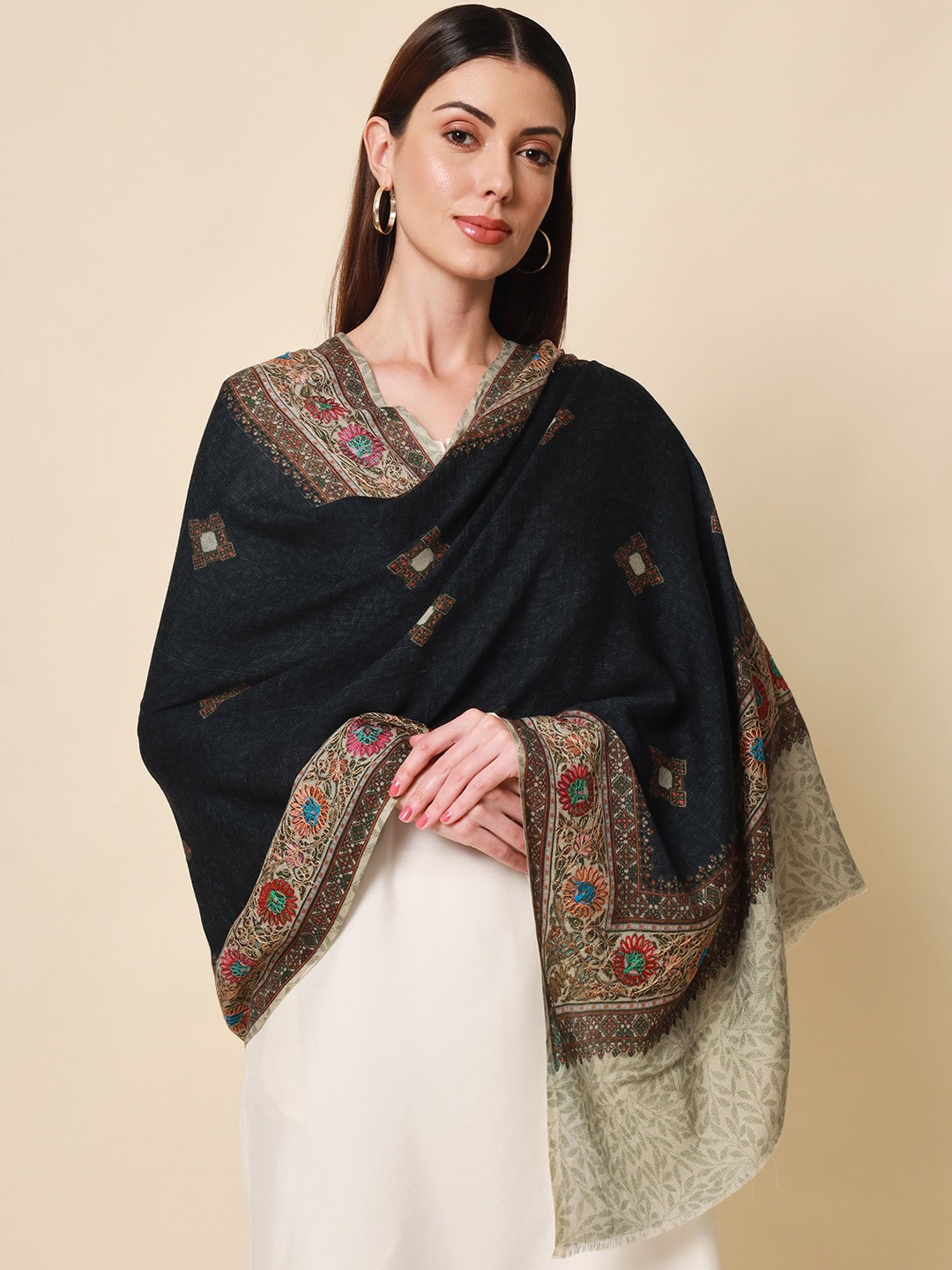 

Pashmoda Women Black Embroidered Pure Wool Shawl