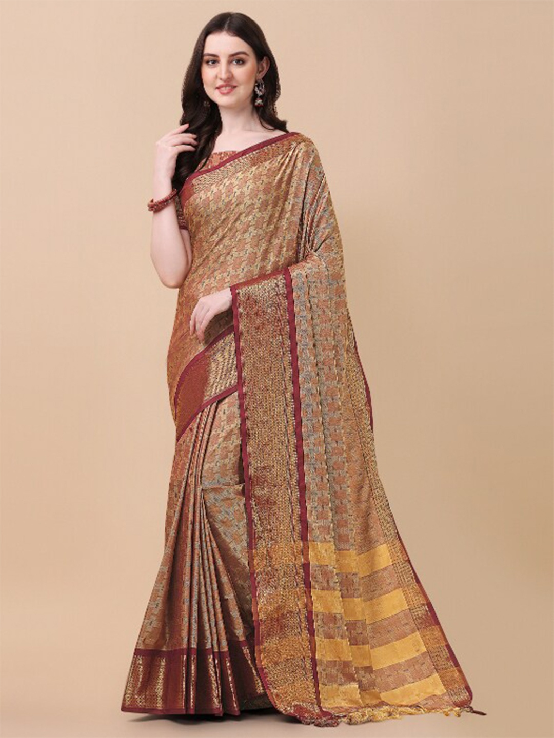 

KALINI Beige & Maroon Woven Design Zari Pure Silk Ikat Saree