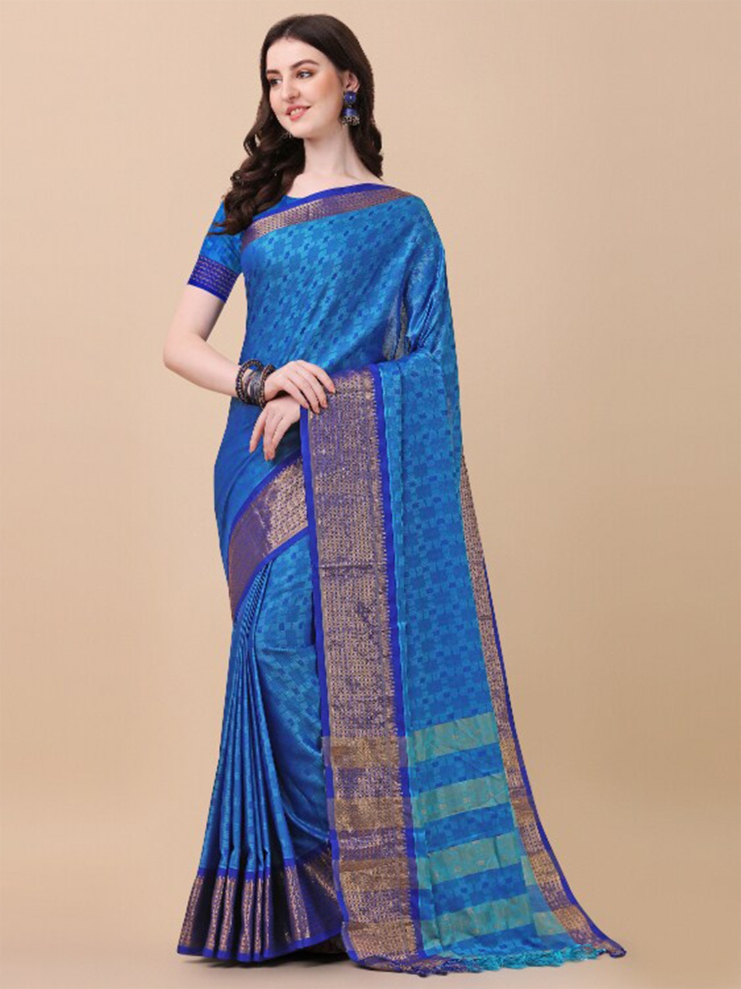 

KALINI Turquoise Blue & Navy Blue Woven Design Zari Pure Silk Ikat Saree