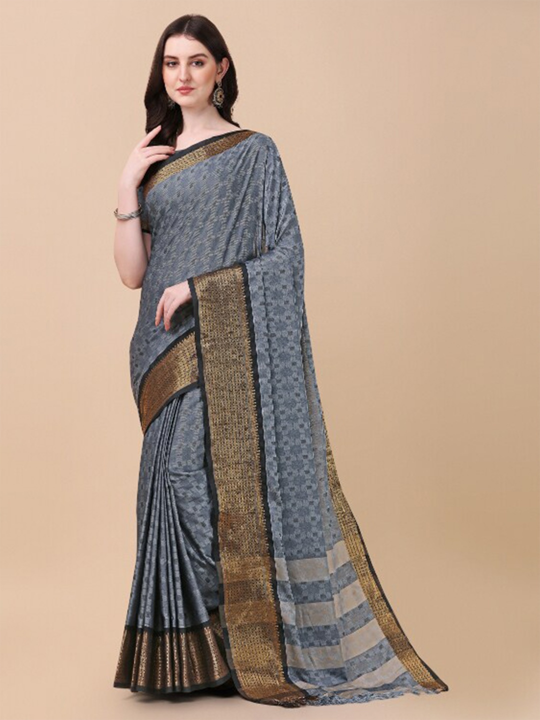 

KALINI Grey & Gold-Toned Woven Design Zari Pure Silk Ikat Saree