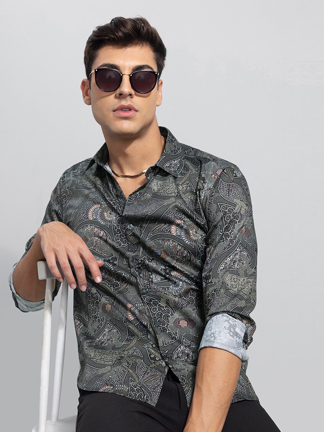 

Snitch Men Slim Fit Printed Cotton Casual Shirt, Olive