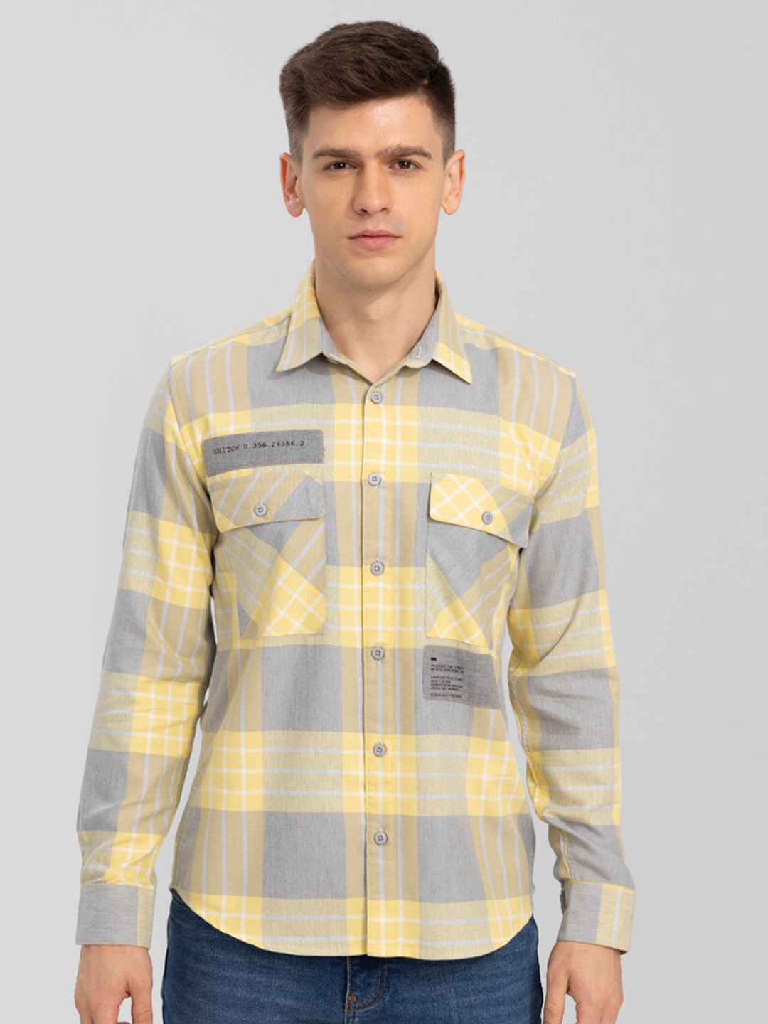 

Snitch Men Yellow & Grey Slim Fit Checked Cotton Casual Shirt