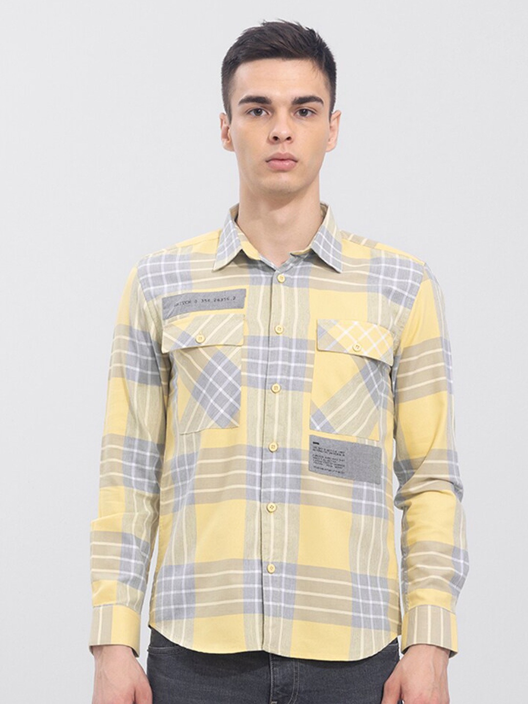 

Snitch Men Yellow & Grey Slim Fit Checked Cotton Casual Shirt