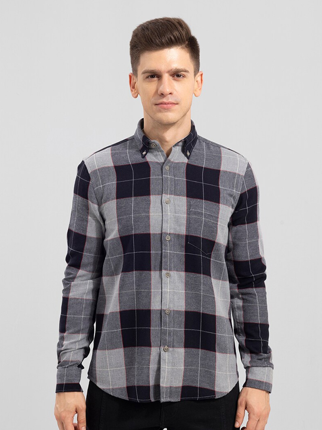 

Snitch Men Slim Fit Checked Casual Cotton Shirt, Grey