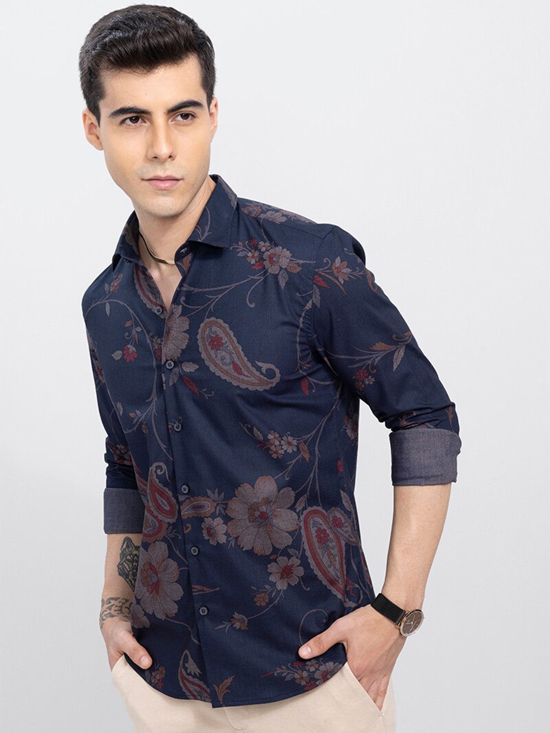 

Snitch Men Slim Fit Floral Printed Casual Cotton Shirt, Green