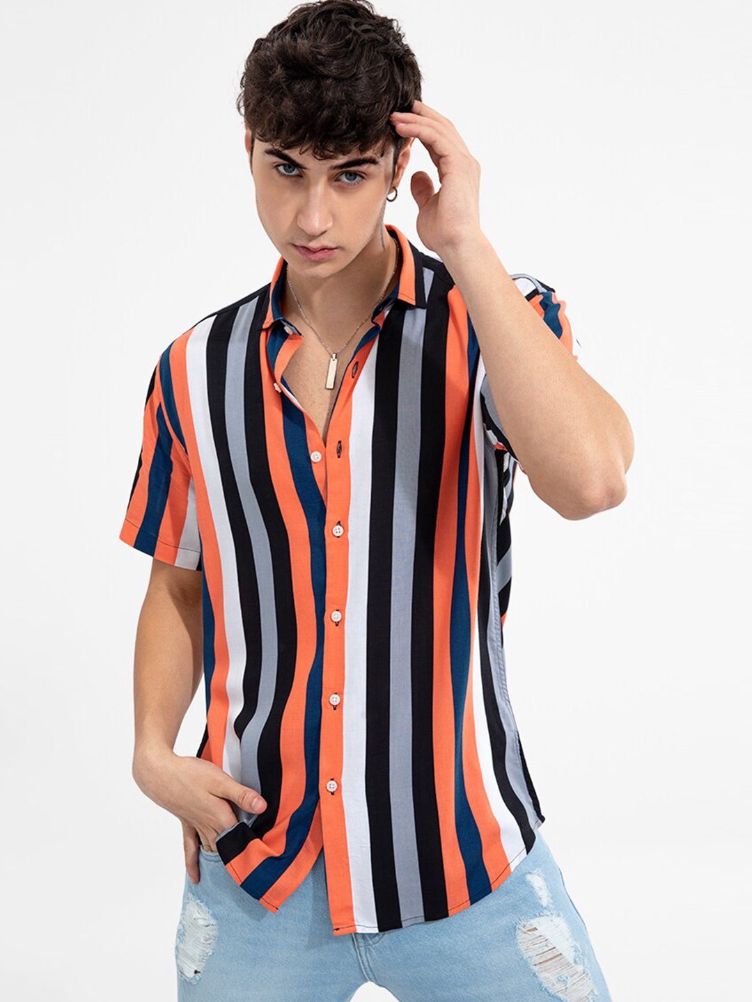 

Snitch Men Slim Fit Striped Casual Shirt, Blue