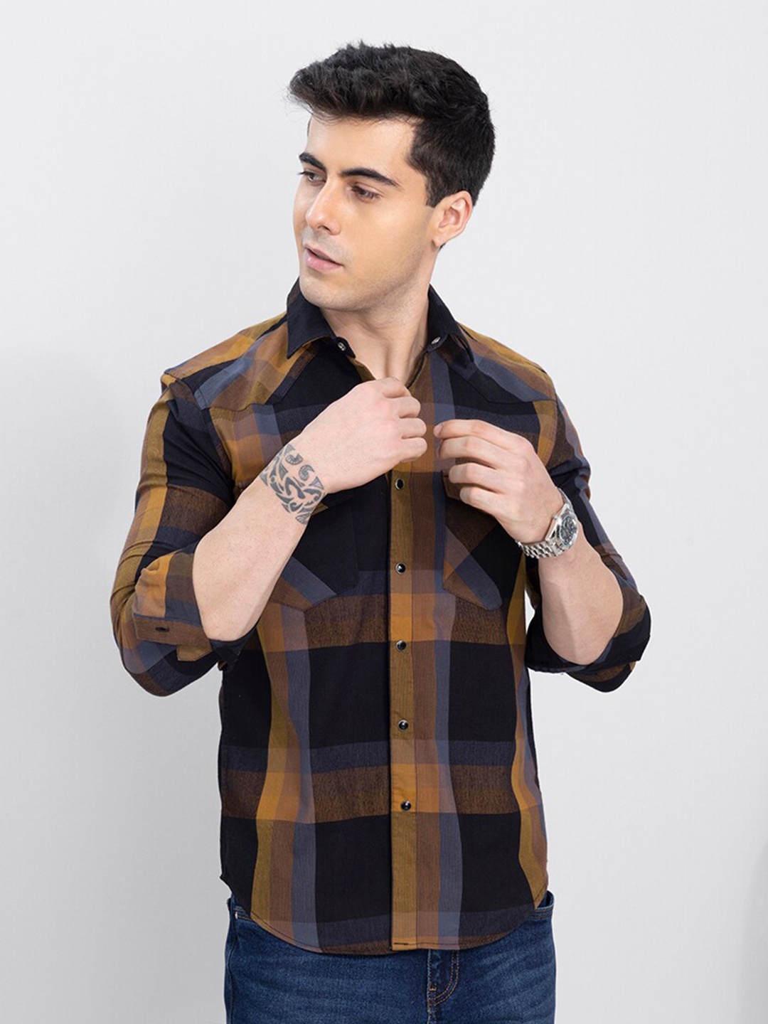 

Snitch Men Slim Fit Tartan Checks Casual Cotton Shirt, Mustard