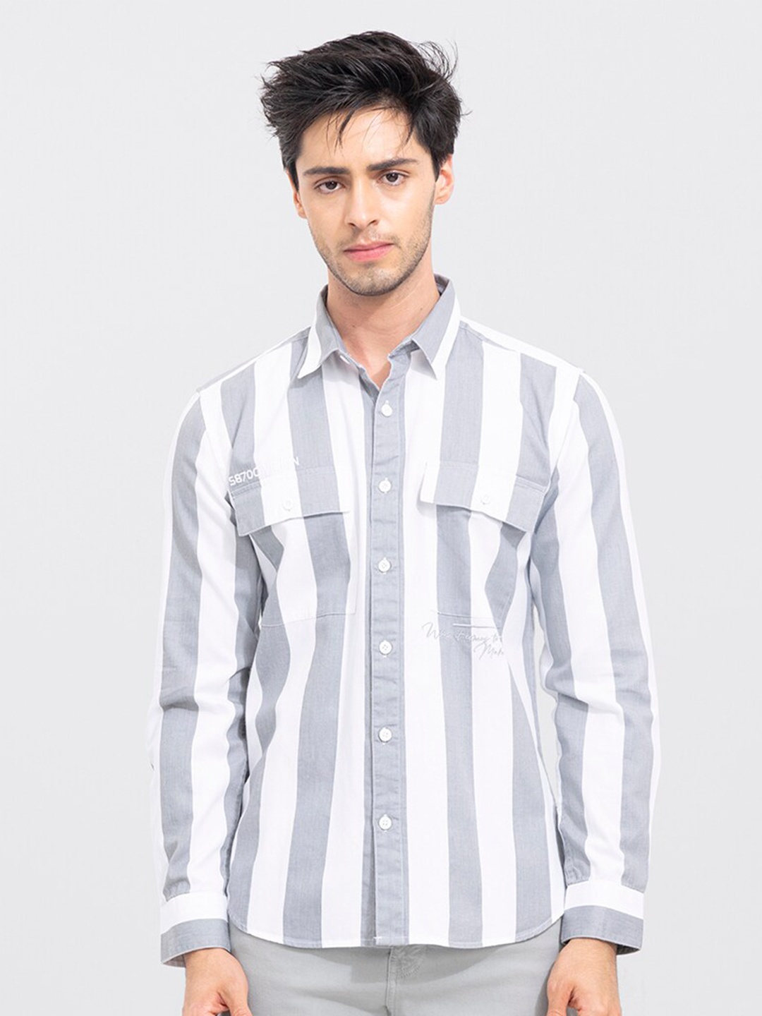 

Snitch Men Slim Fit Striped Casual Cotton Shirt, Grey