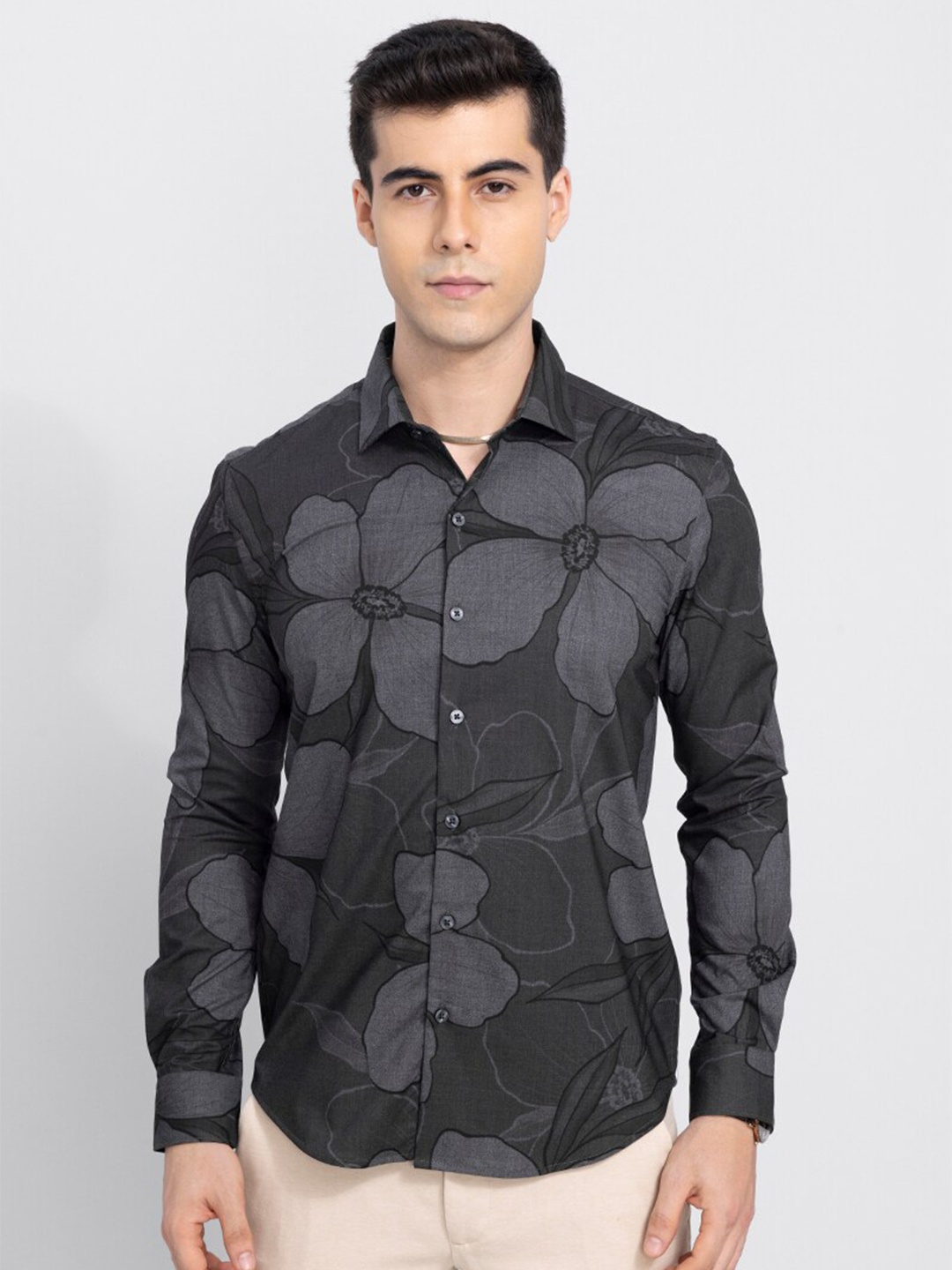 

Snitch Men Slim Fit Floral Printed Casual Cotton Shirt, Grey