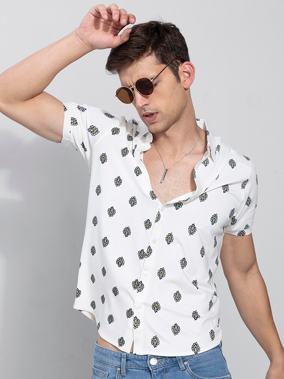 

Snitch Slim Fit Printed Casual Cotton Shirt, White