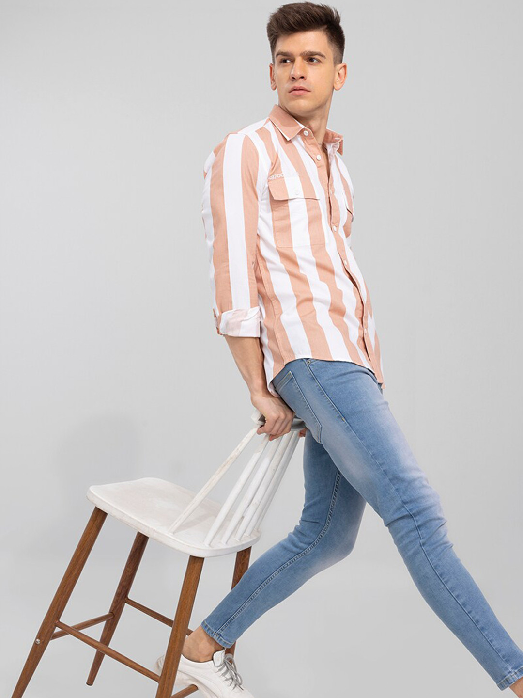 

Snitch Men Slim Fit Checked Casual Cotton Shirt, Peach