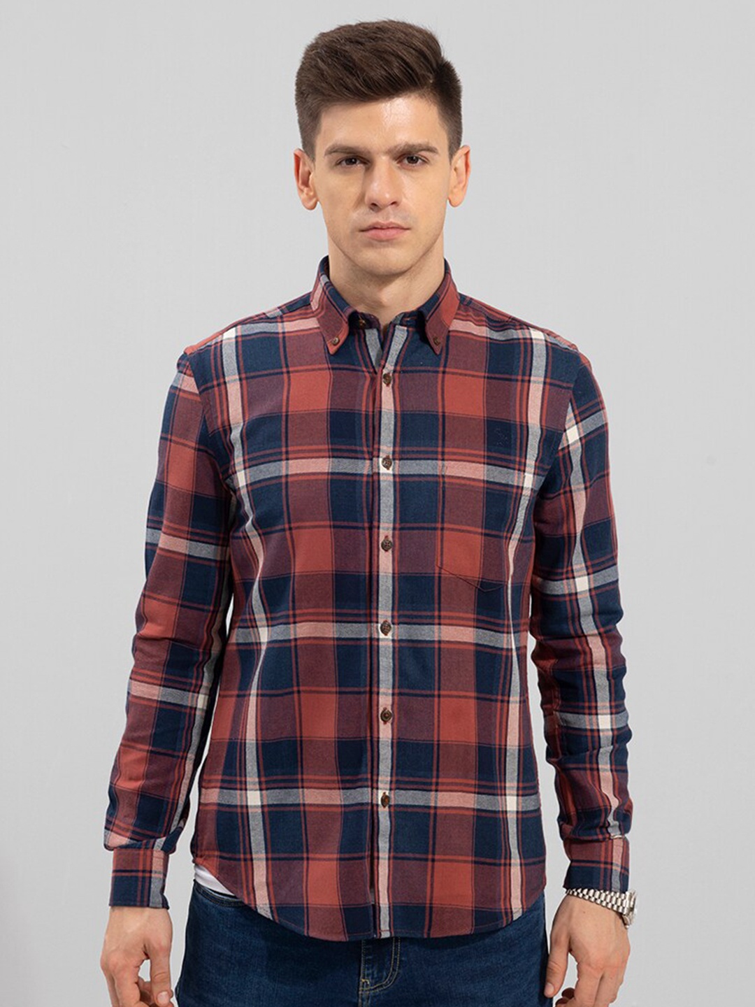 

Snitch Men Slim Fit Checked Casual Cotton Shirt, Red
