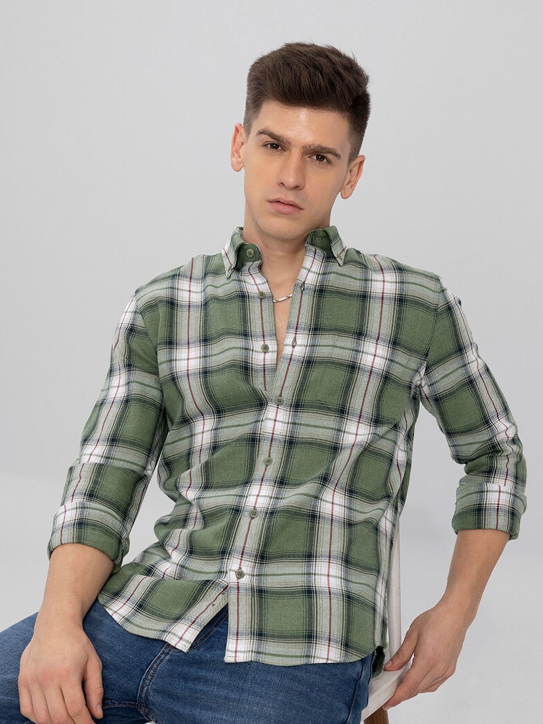 

Snitch Men Slim Fit Tartan Checks Casual Cotton Shirt, Green